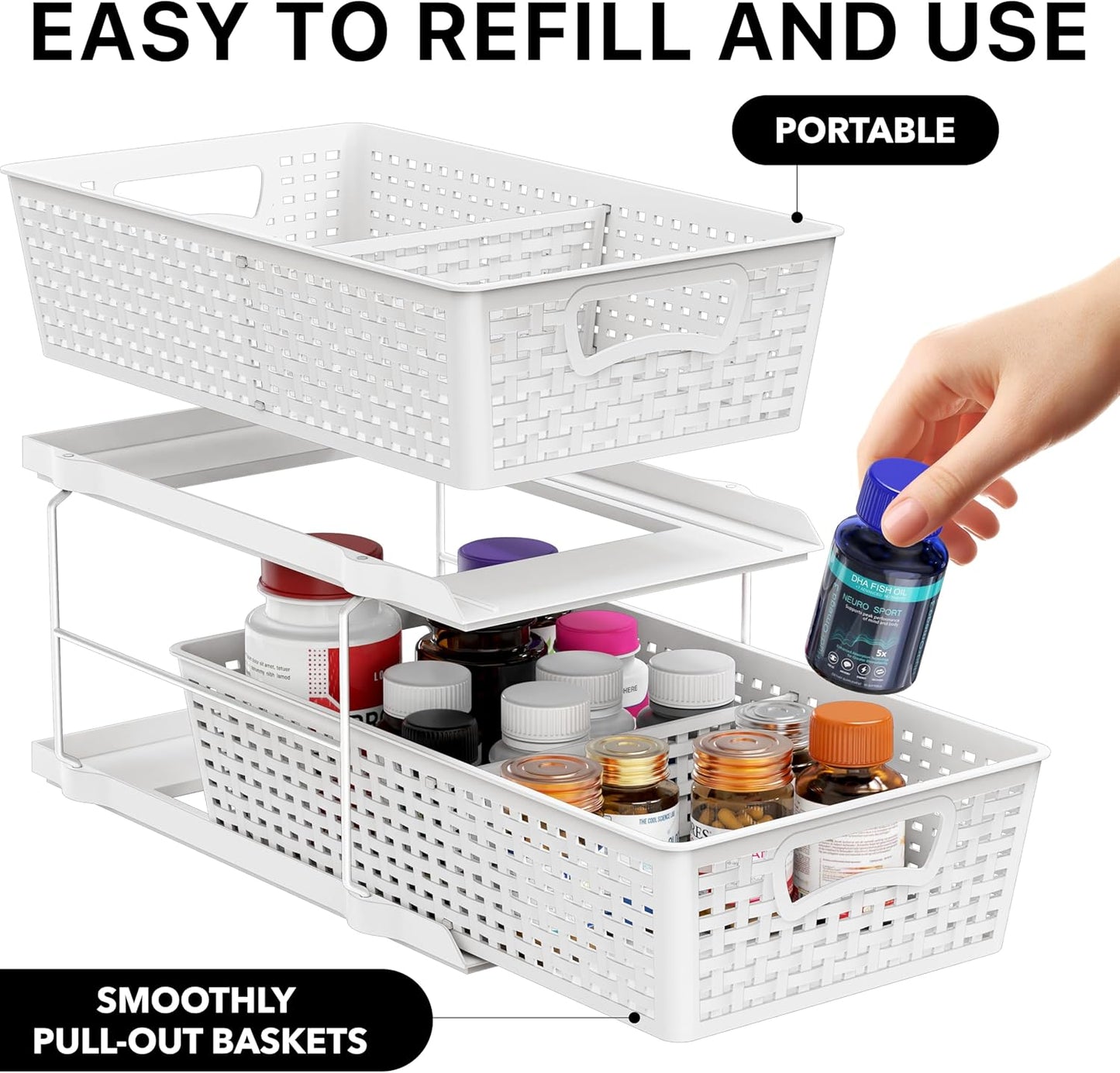 2 Tier Bathroom Organizer Tray Pull-Out Sliding Drawer, Under Sink Storage, White
