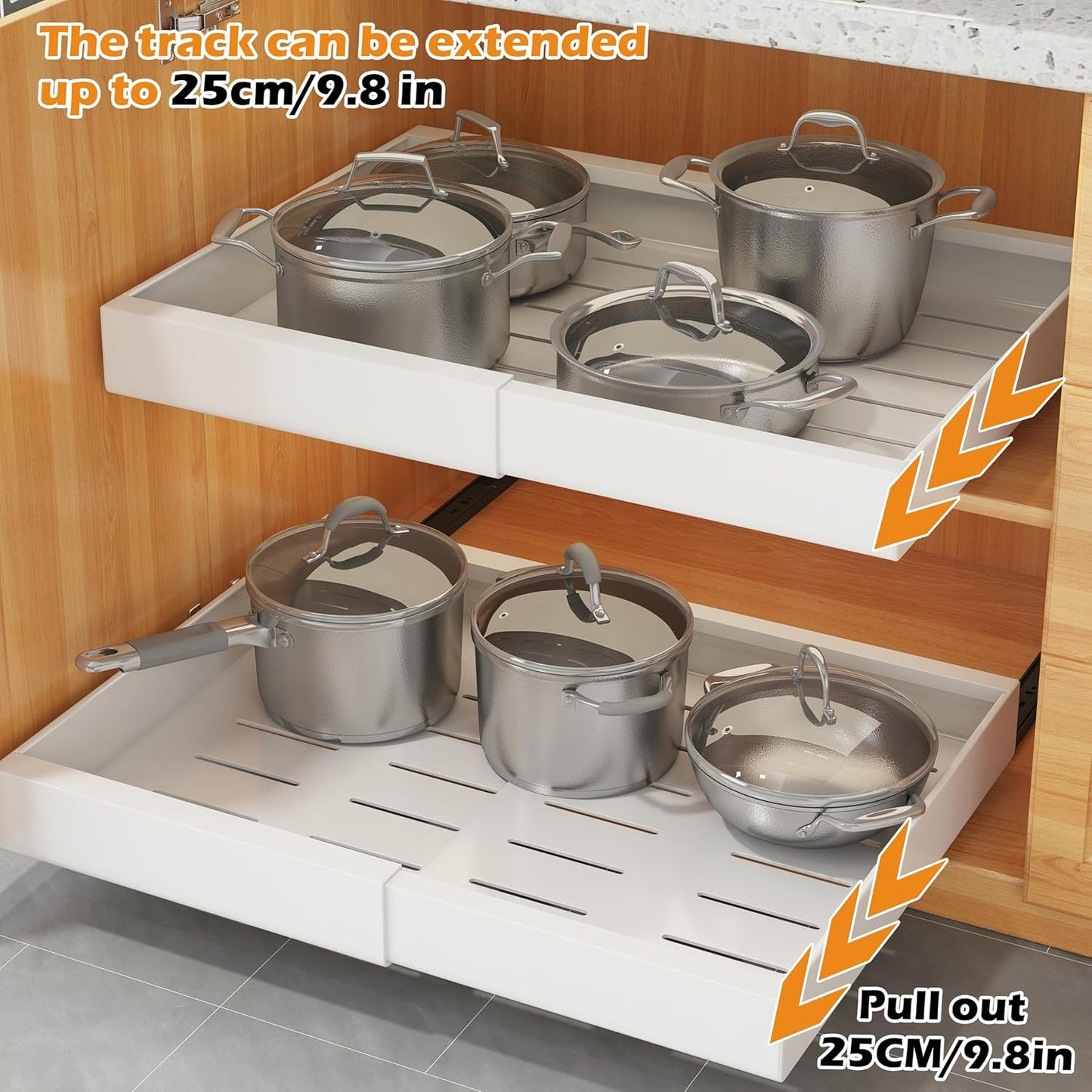 COVAODQ 1 Pack Pull Out Cabinet Organizer Extendable Sliding Slide Out Pantry Shelves Storage No Punch for Kitchen Base Cabinet Organization, Pantry, Bathroom Adjustable Width 12.4" to 20.4"