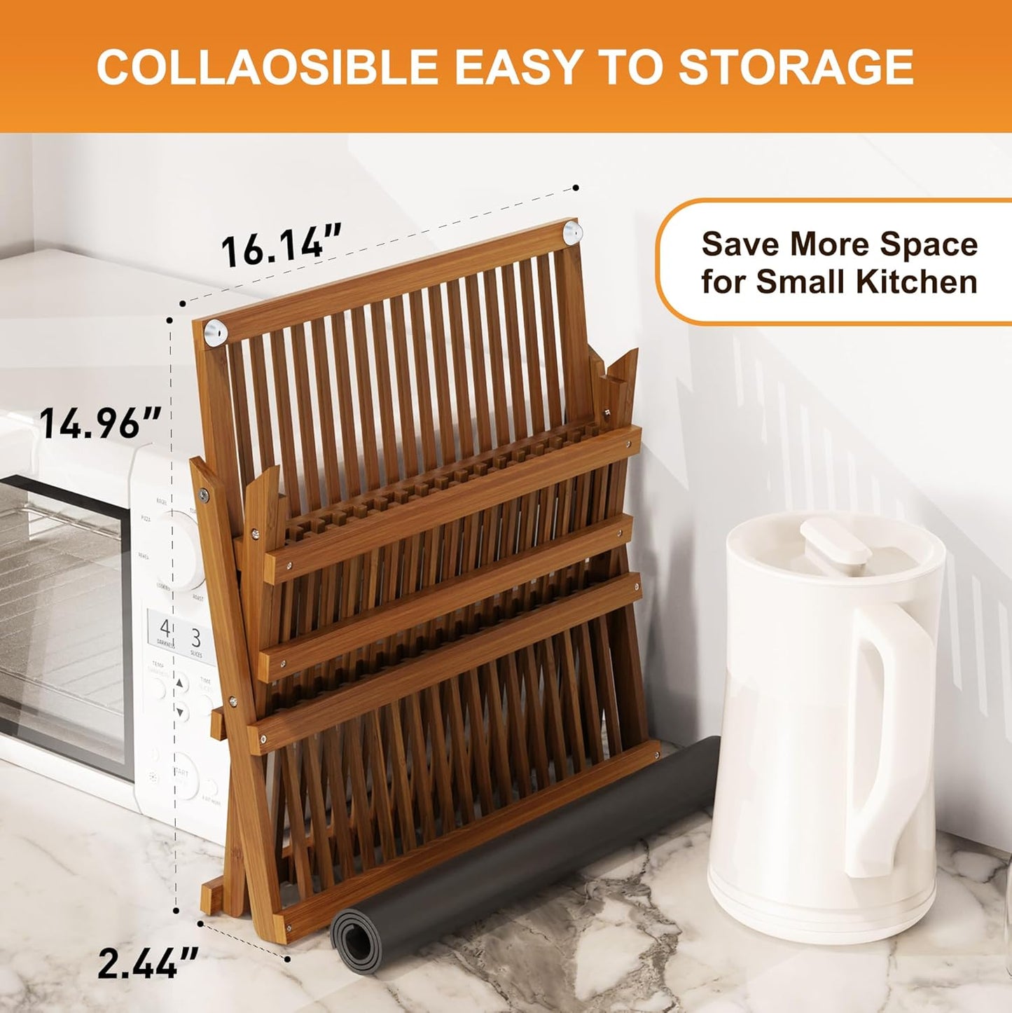 Teak Dish Drying Rack with Utensil Holder, 3 Tier Collapsible Dish Rack