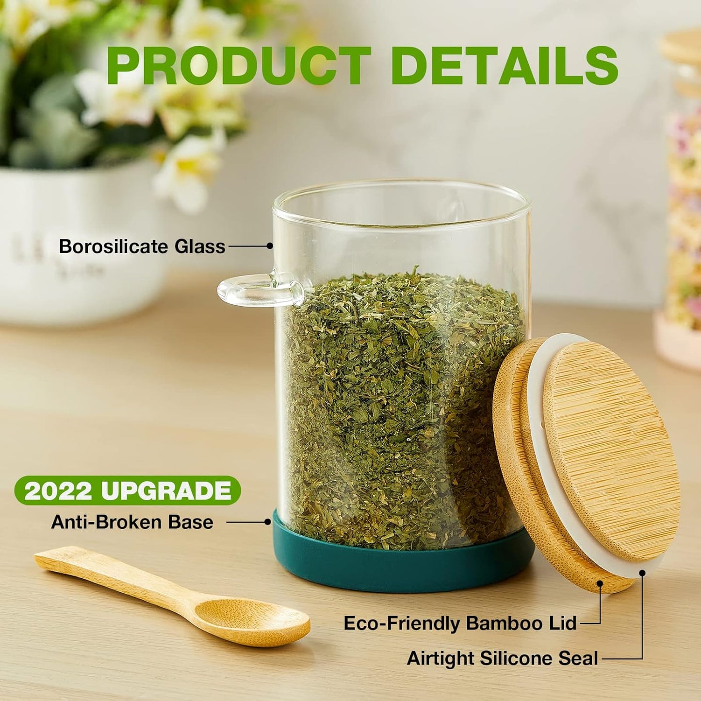 Set of 4 Airtight Glass Jars with Bamboo Lids & Spoons