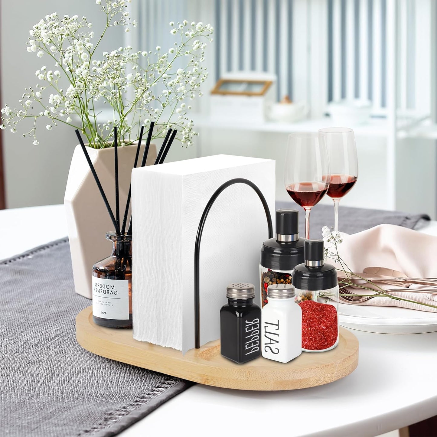 Rotating Napkin Holder for Table with Built-In Space for Salt and Pepper Shakers