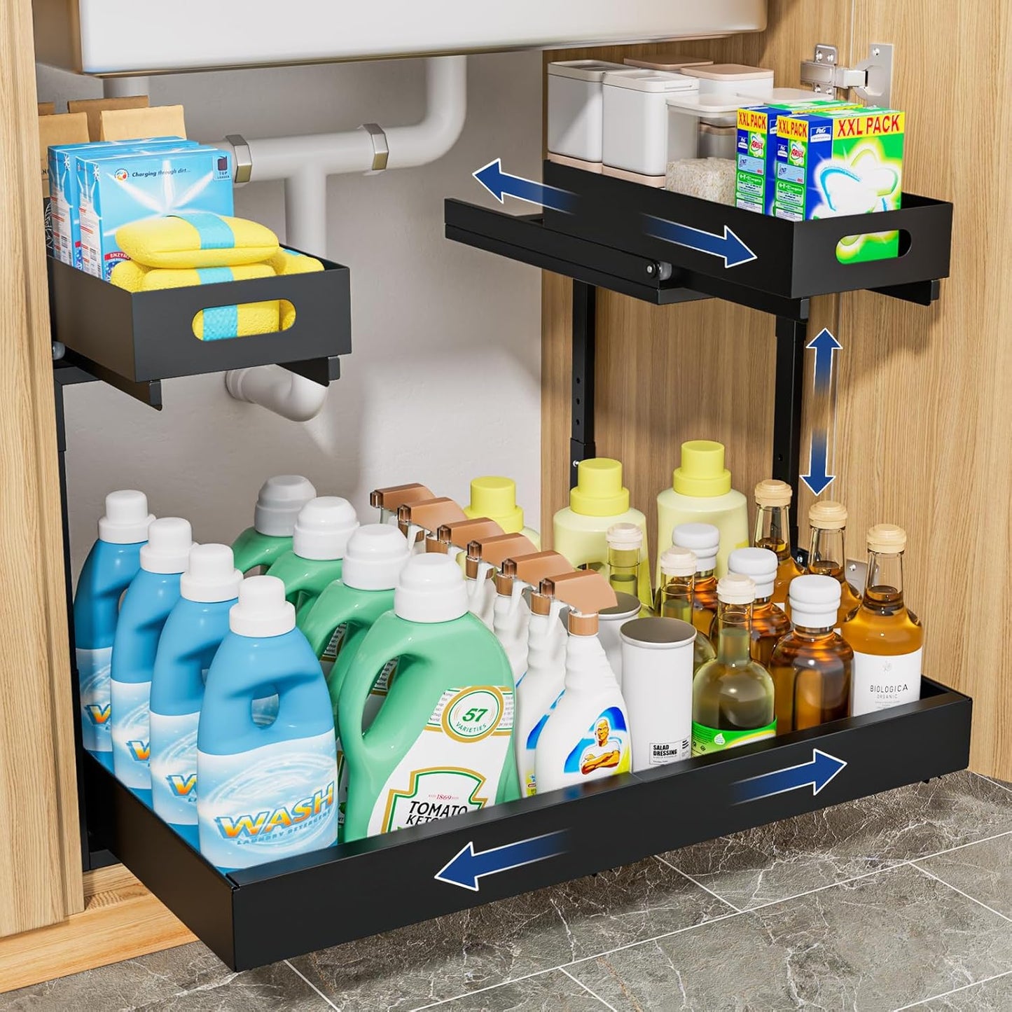 Upgrade Expandable Under Sink Organizer, Insputer 2 Tier Metal Under Cabinet Storage with 3 Slide Rails, Height Adjustable, Thickened Pull Out Drawer Shelf for Bathroom, Kitchen, Laundry, Pantry