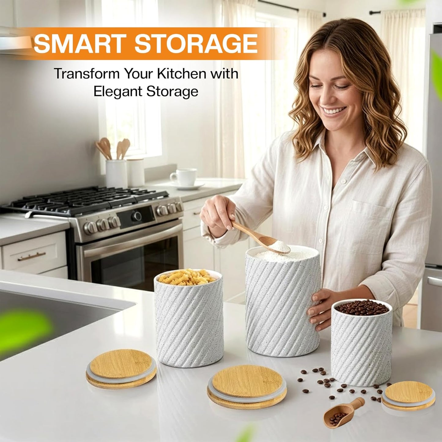 Ceramic Canister Set for Kitchen Countertop & Pantry – 3 Airtight Food Storage Containers for Flour, Sugar & More – Durable White Ceramic with Bamboo Lids