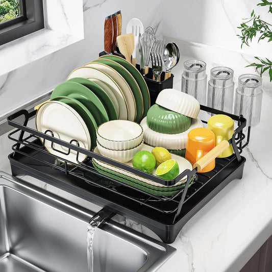 Dish Drying Rack for Kitchen Counter,Space-Saving Dish Rack,Rustproof Dish Drainer with Utensil Holder and Knife Slots for Sink,Kitchen Drying Rack with Wooden Handle and Cup Holder, Black