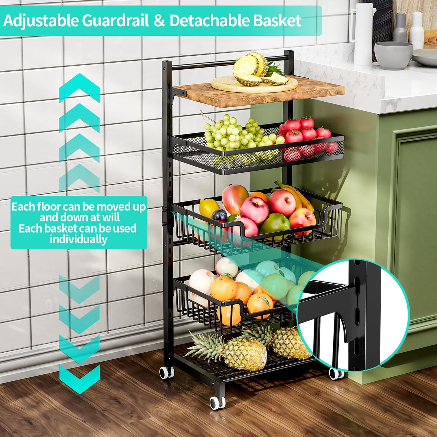 Fruit Basket Kitchen Cart - 5 Tier Adjustable Vegetable Storage Rack