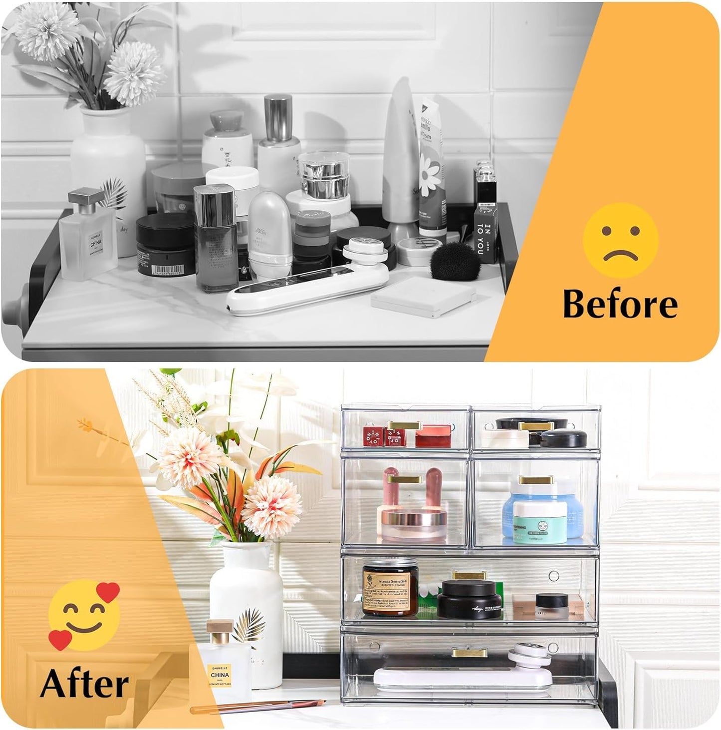 Stackable Storage Drawers, 6 Pack Clear Acrylic Organizer Bins with Golden Handles
