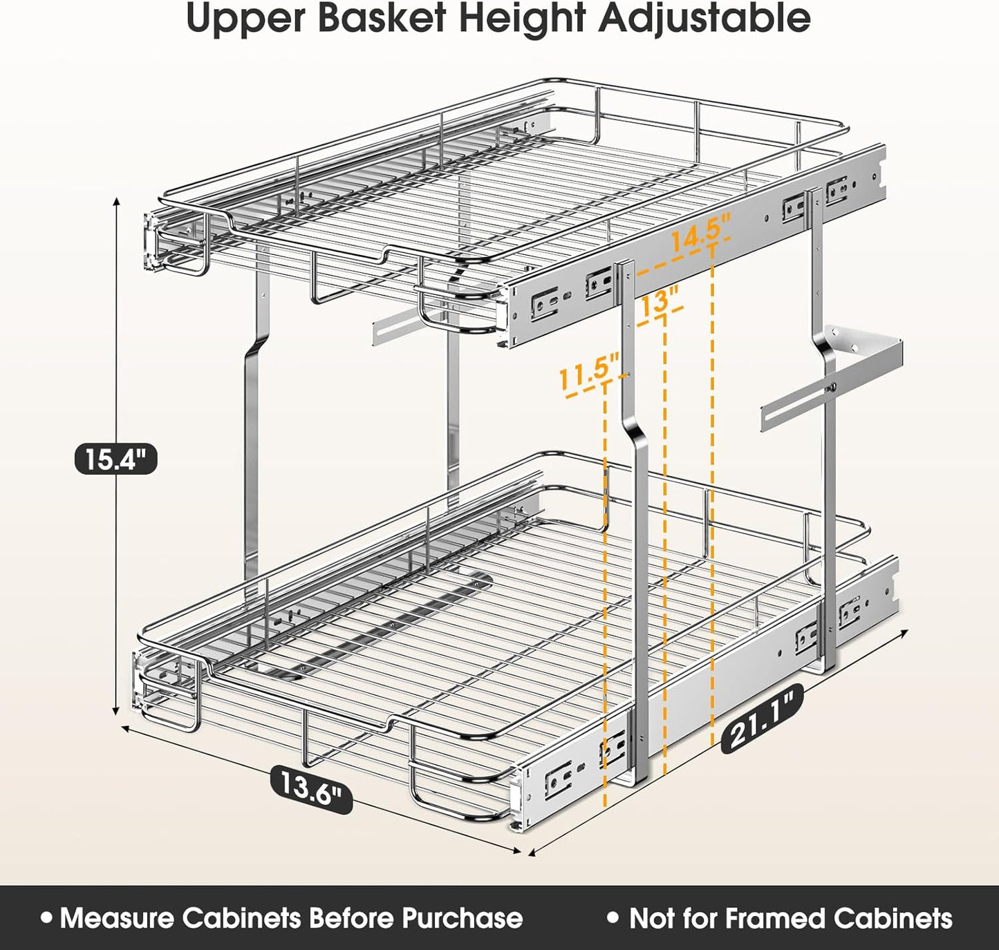 14" W X 21" D Pull Out Cabinet Organizer, 2 Tier Heavy Duty Cabinet Shelf Organizers