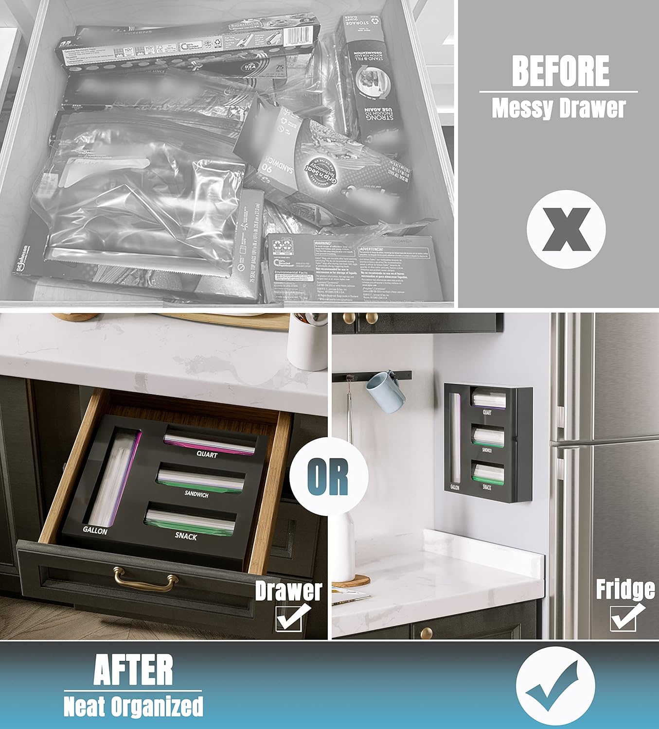 Acrylic Magnetic Food Bag Storage Organizer for Drawer or Refrigerator, Compatible with Gallon