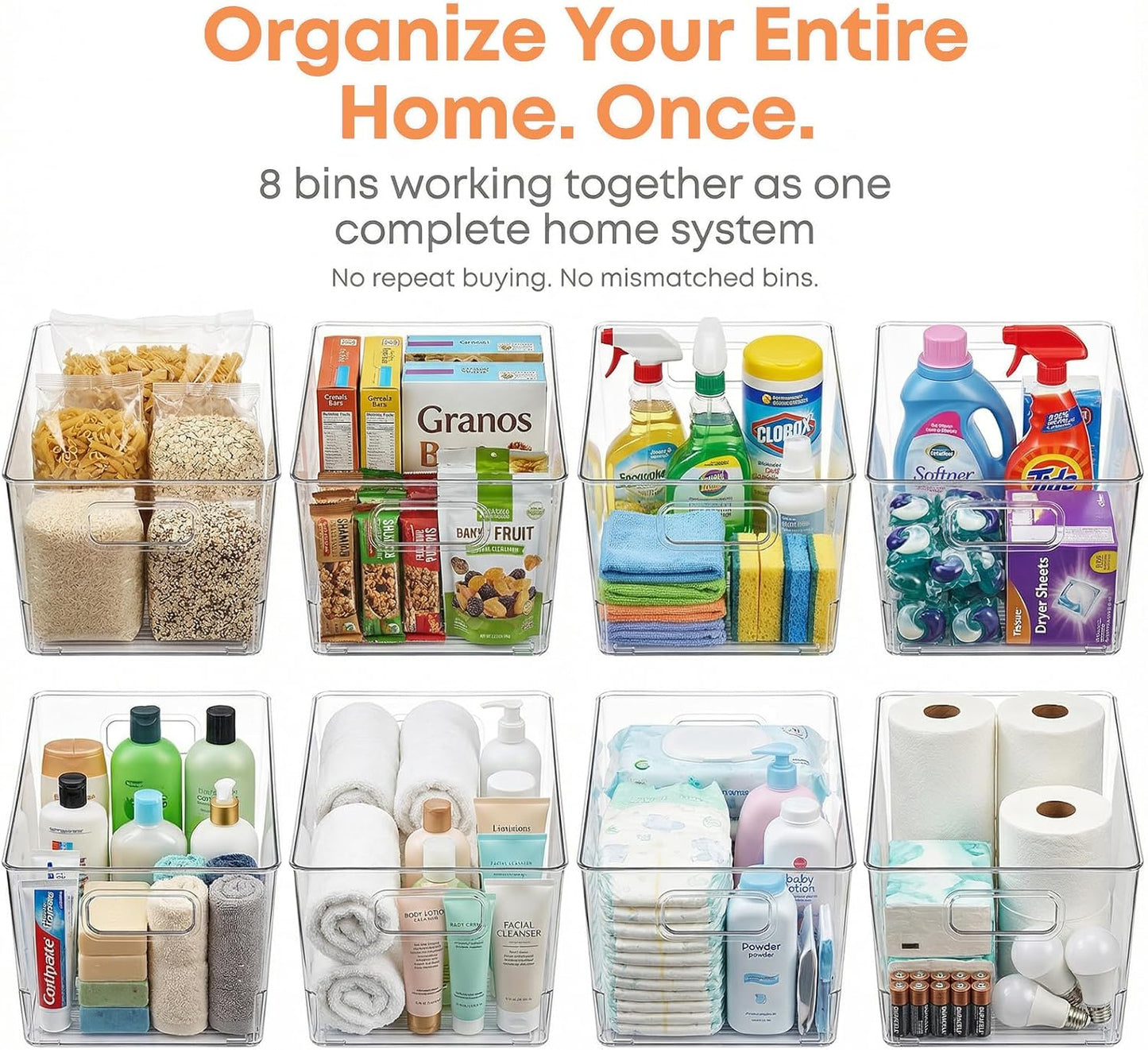 8 Pack Clear Plastic Storage Bins, 12 x 8 x 6in Stackable Pantry Organizer Cabinet Containers for Under-Sink Storage, Kitchen, Fridge, Bathroom and Home Organization