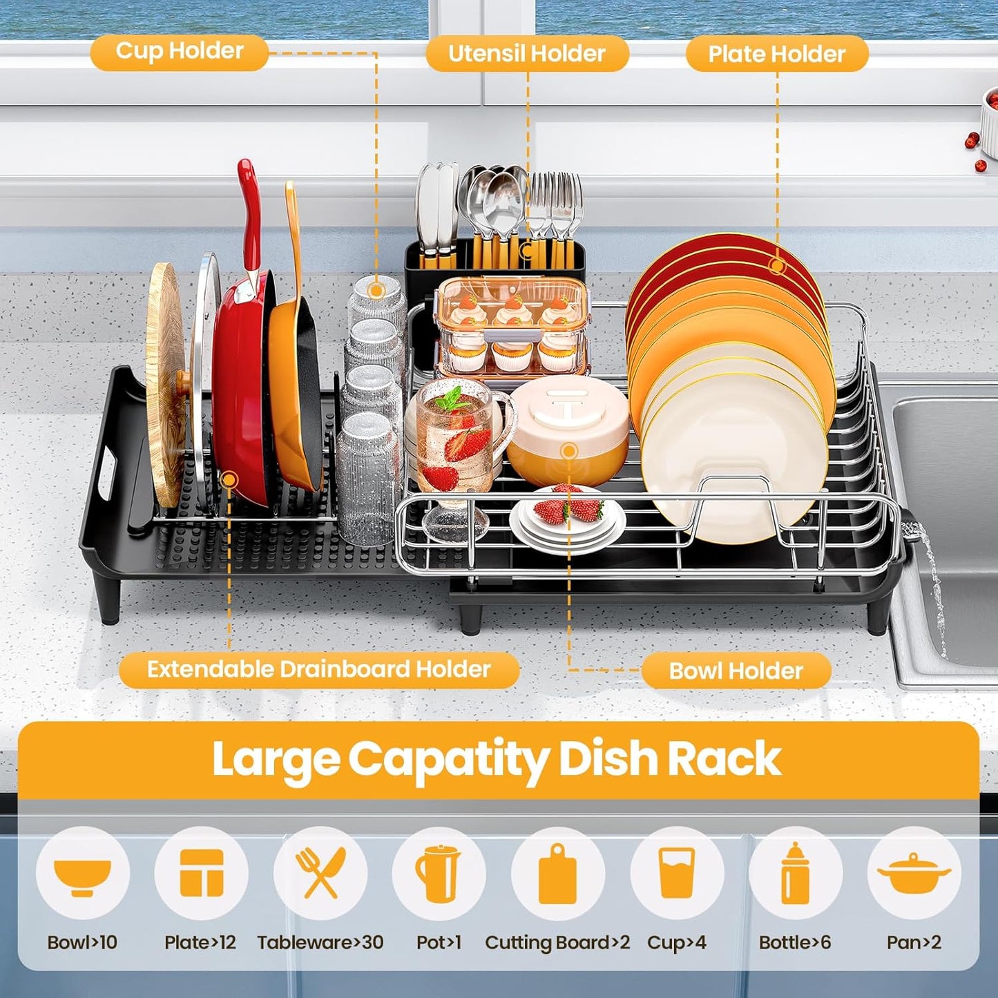 Expandable Dish Rack, Dish Drying Rack for Kitchen Counter, Foldable Dish Dryer Rack