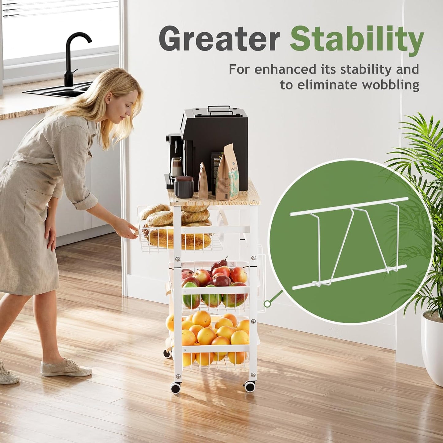 Slide Out Fruit Vegetable Basket for Kitchen, 4-Tier Rolling Storage Cart with Wooden Handle & Top