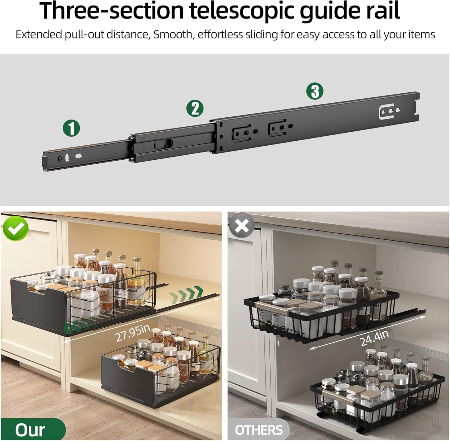 Pull Out Cabinet Organizer, 2 Pack No Drill Slide Out Drawers for Kitchen Cabinets