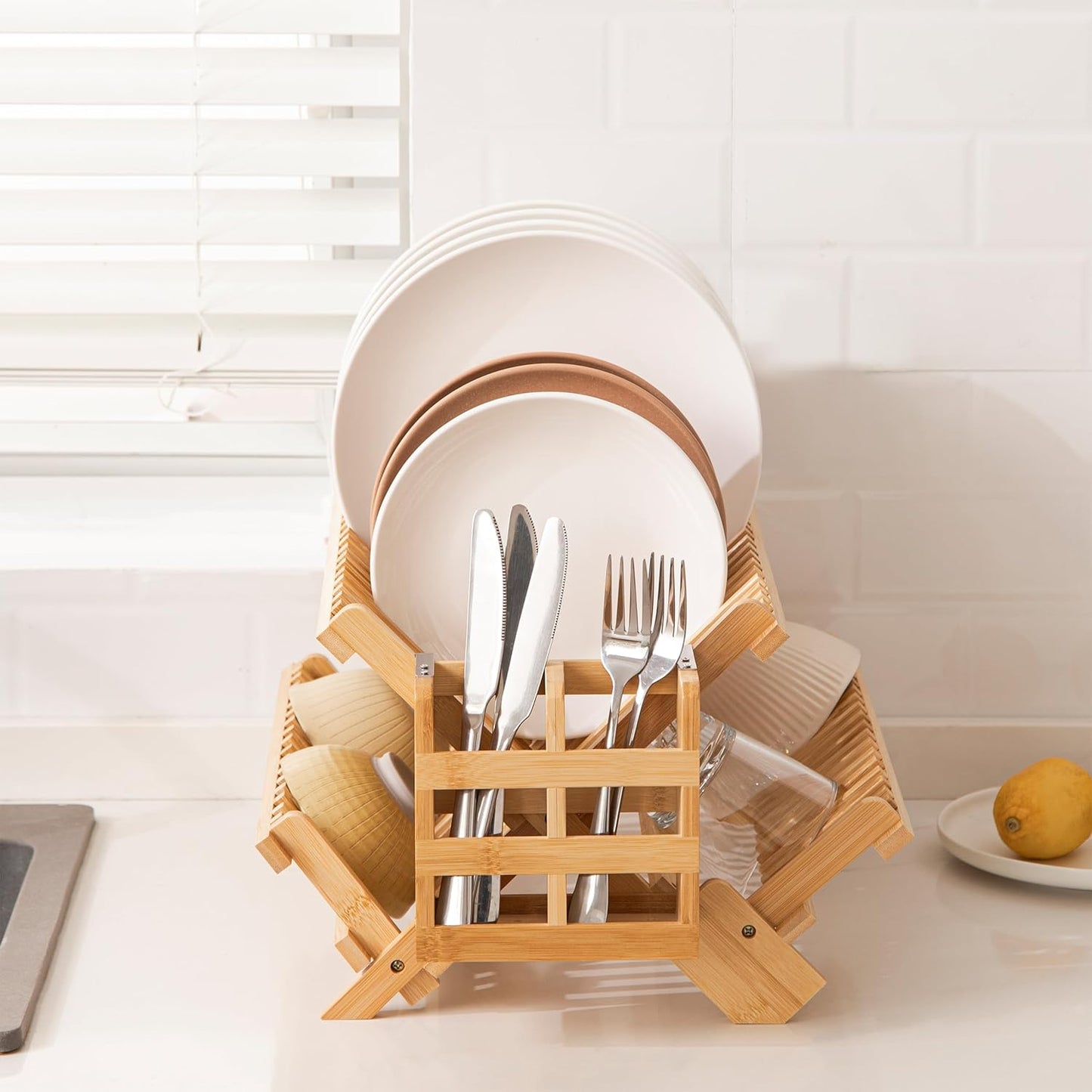 Bamboo Dish Drying Rack with Utensils Flatware Holder Set