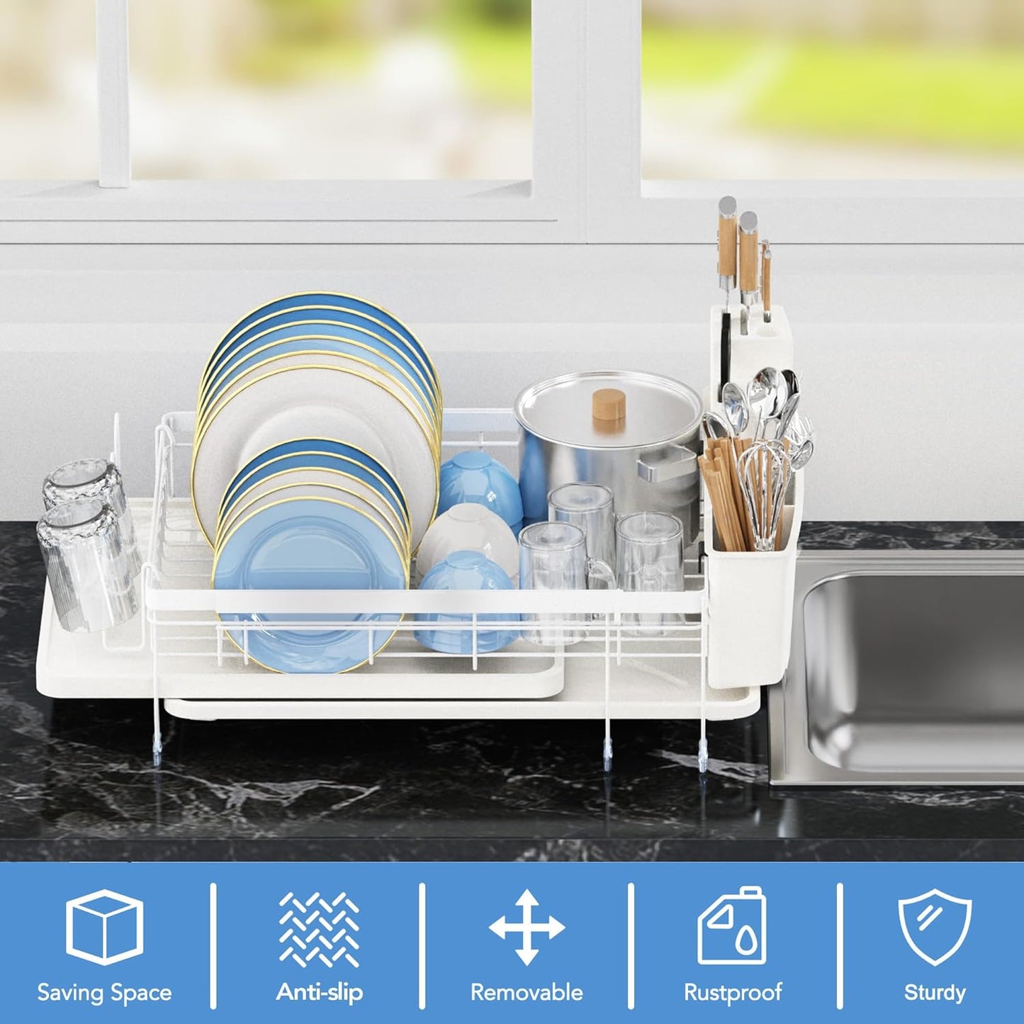 Expandable Dish Drying Rack,Multifunctional Adjustable Dish Drainer with Swivel Spout and Anti-Rust Dish Rack with Removable Cutlery & Cup Holders for Kitchen Counter,White