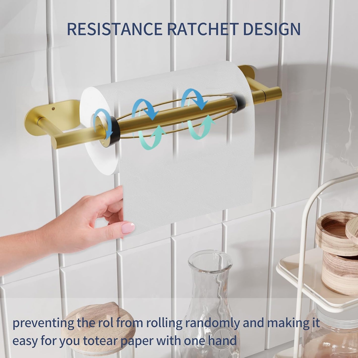 Paper Towel Holder Under Cabinet, Single Hand Operable Roll Holder with Damping Effect,Self-Adhesive or Drilled SUS304 Stainless Steel for Kitchen Bathroom,Gold