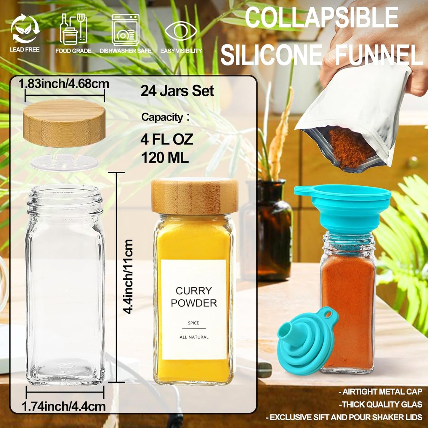 Glass Spice Jars with 398 Labels, 24 pcs 4oz Spice Containers with Bamboo Lids