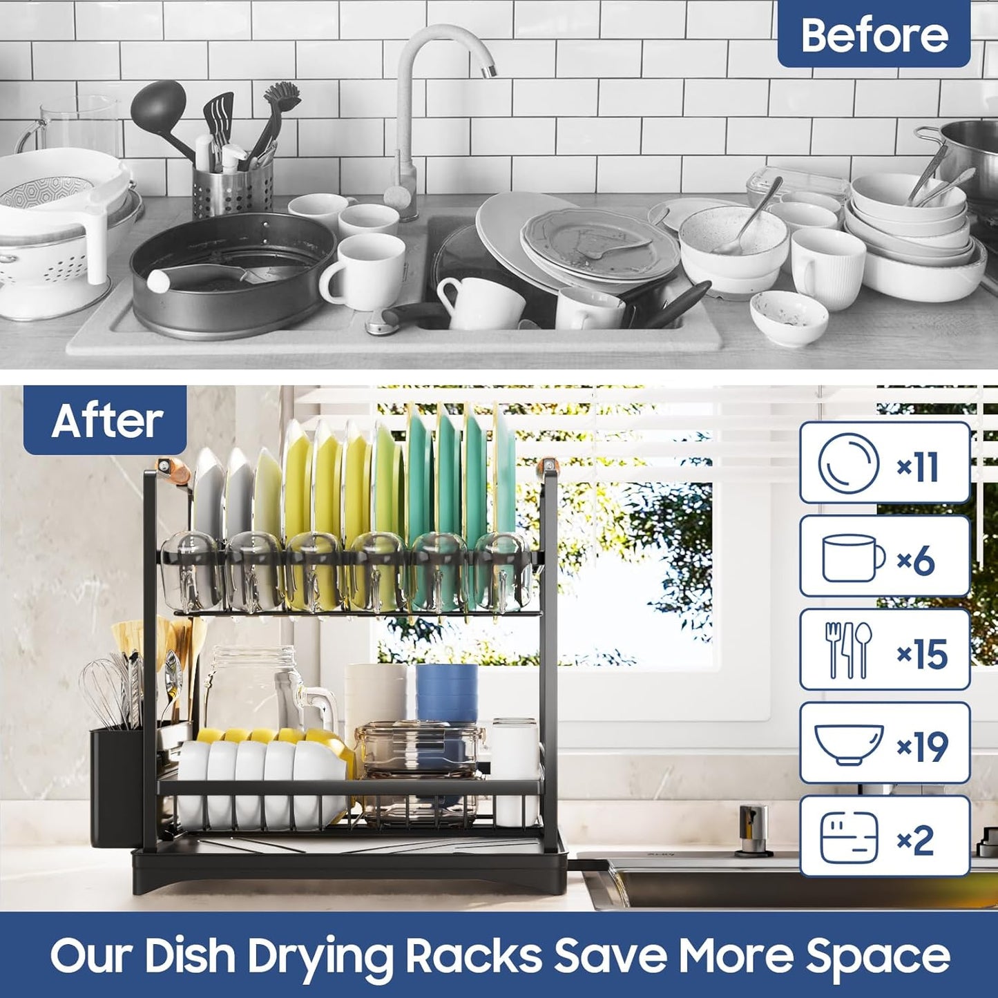 2-Tier Large Dish Drying Rack for Kitchen Counter with Drainboard and Cutlery Holder