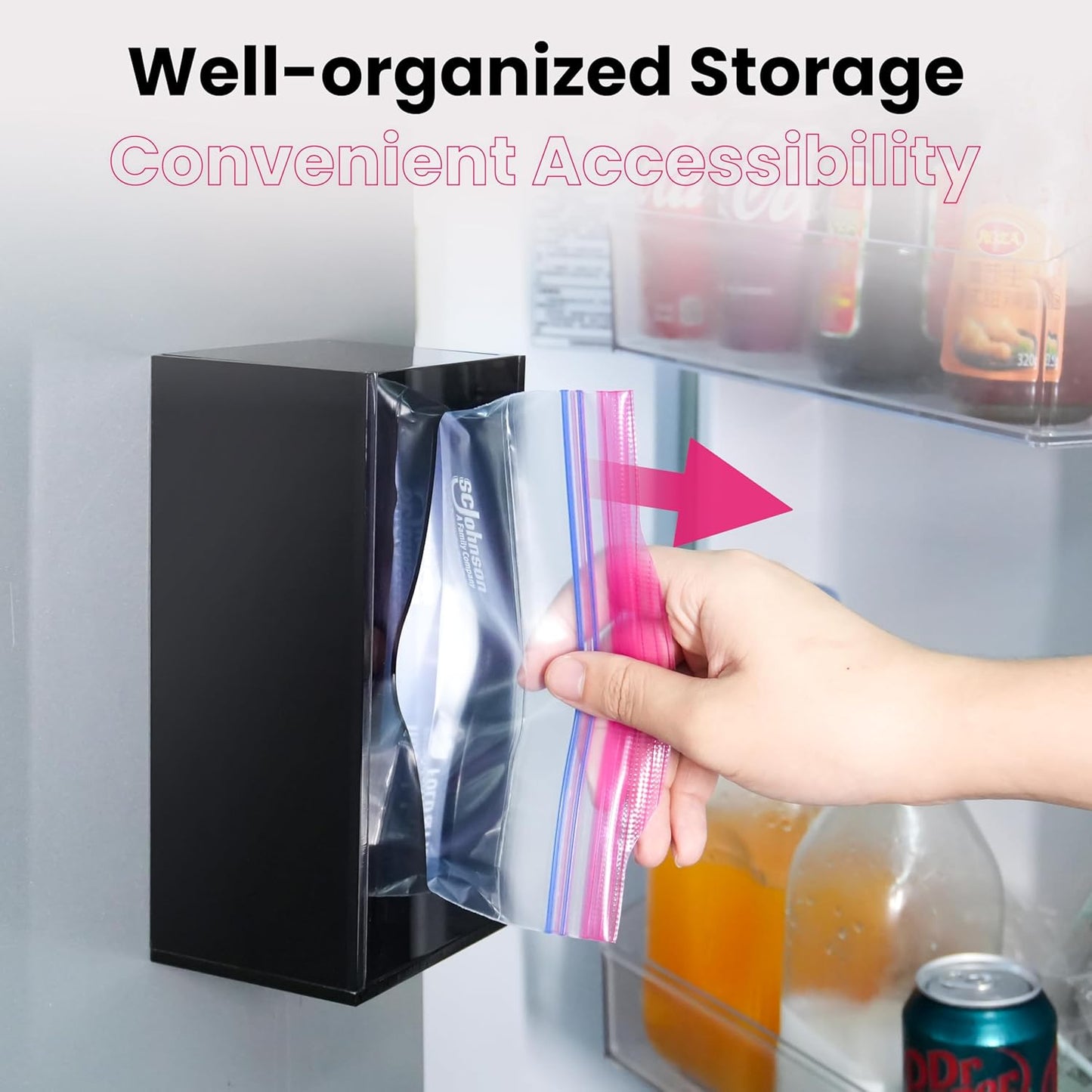 Acrylic Food Bag Storage Organizer Magnetic Fridge Attachment Compatible with Ziploc Sandwich/Snack/Grip'n Seal Quart/1 Gallon, Dispenser for Ziploc Bags, Kitchen Organization, 2 Packs