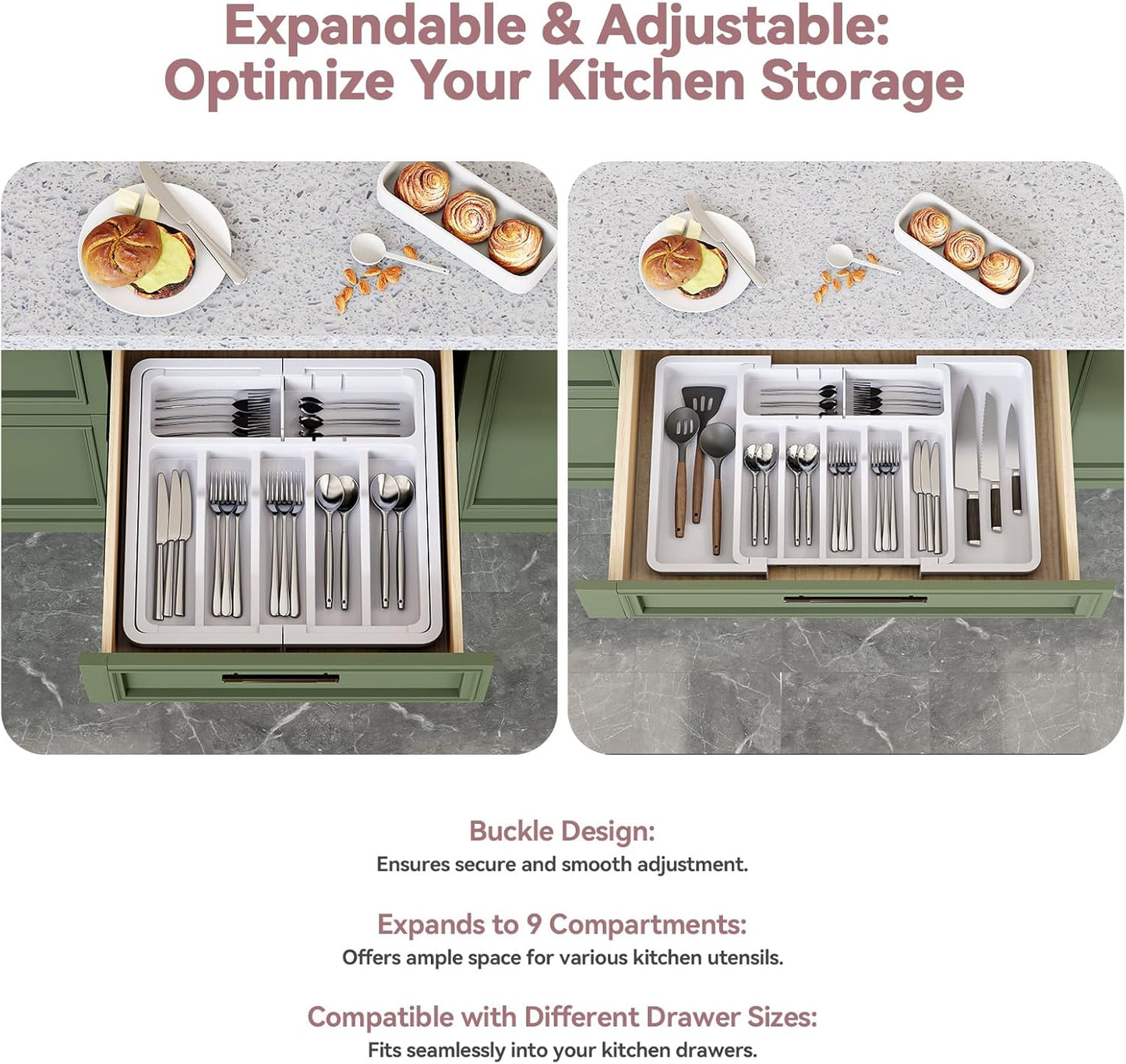 2 Pack Silverware Organizer, Expandable and Adjustable Kitchen Utensil Drawer Organizer