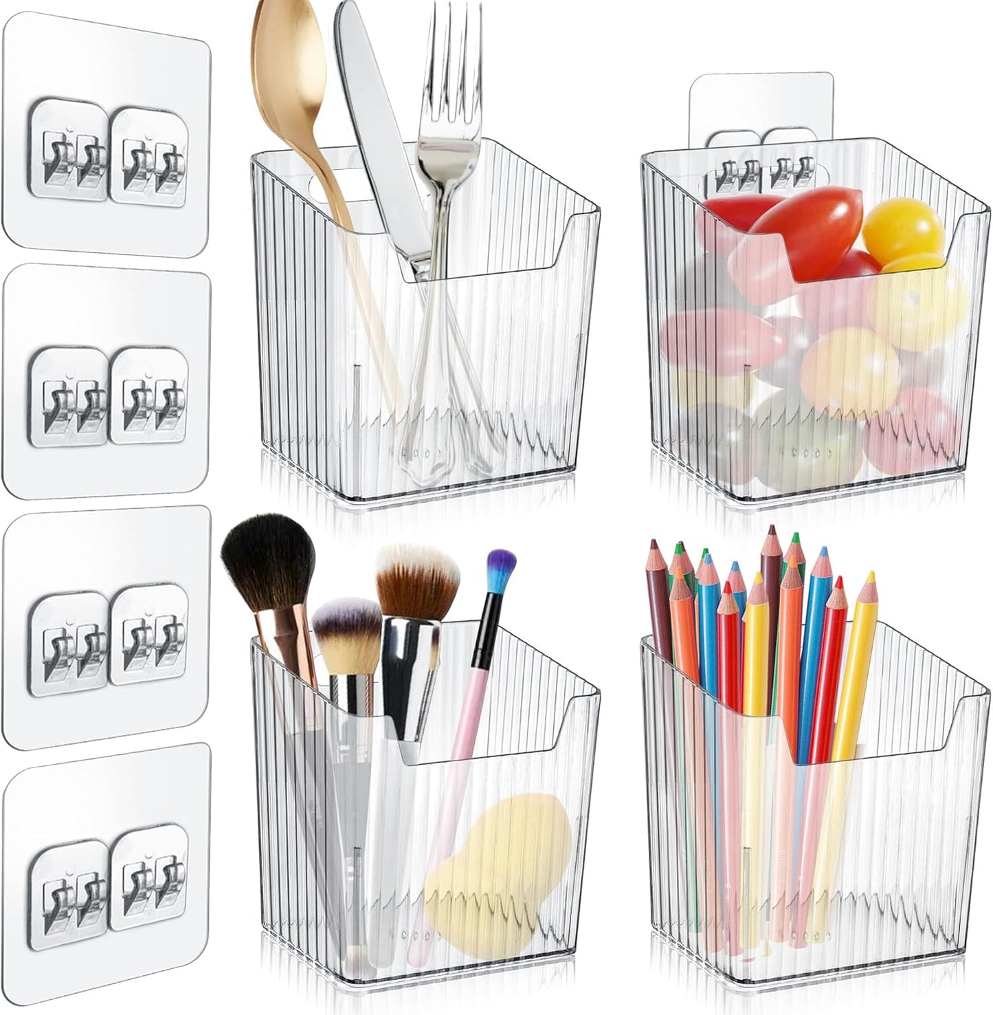 4 Pack Acrylic Wall Mount Organizer, Adhesive Cabinet Door Storage Bins, Clear Makeup Containers