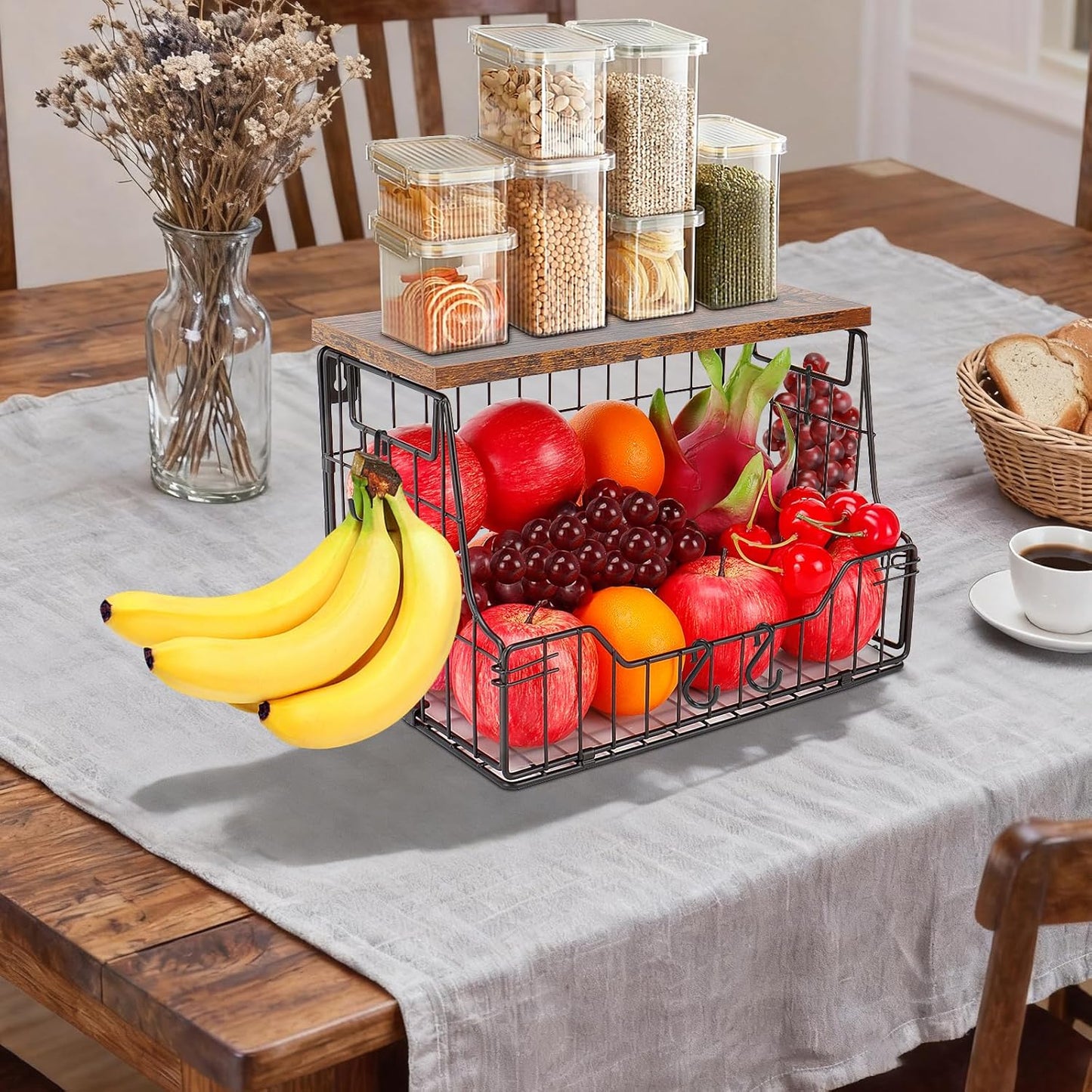 Fruit Basket for Kitchen, Metal Fruit Vegetable Storage Bin with 2 Banana Hangers