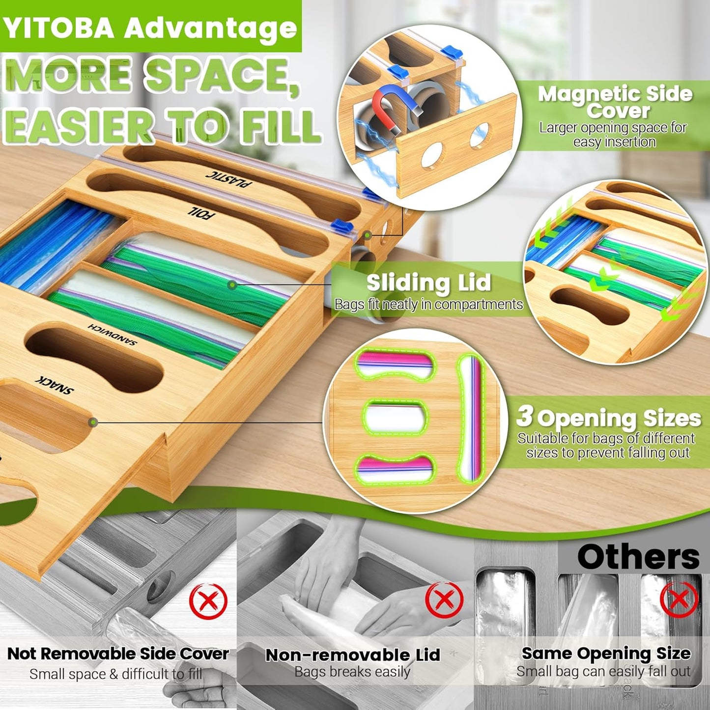 Thicker Bag Storage Organizer, Bamboo Baggie Holder With Aluminum Foil Dispenser