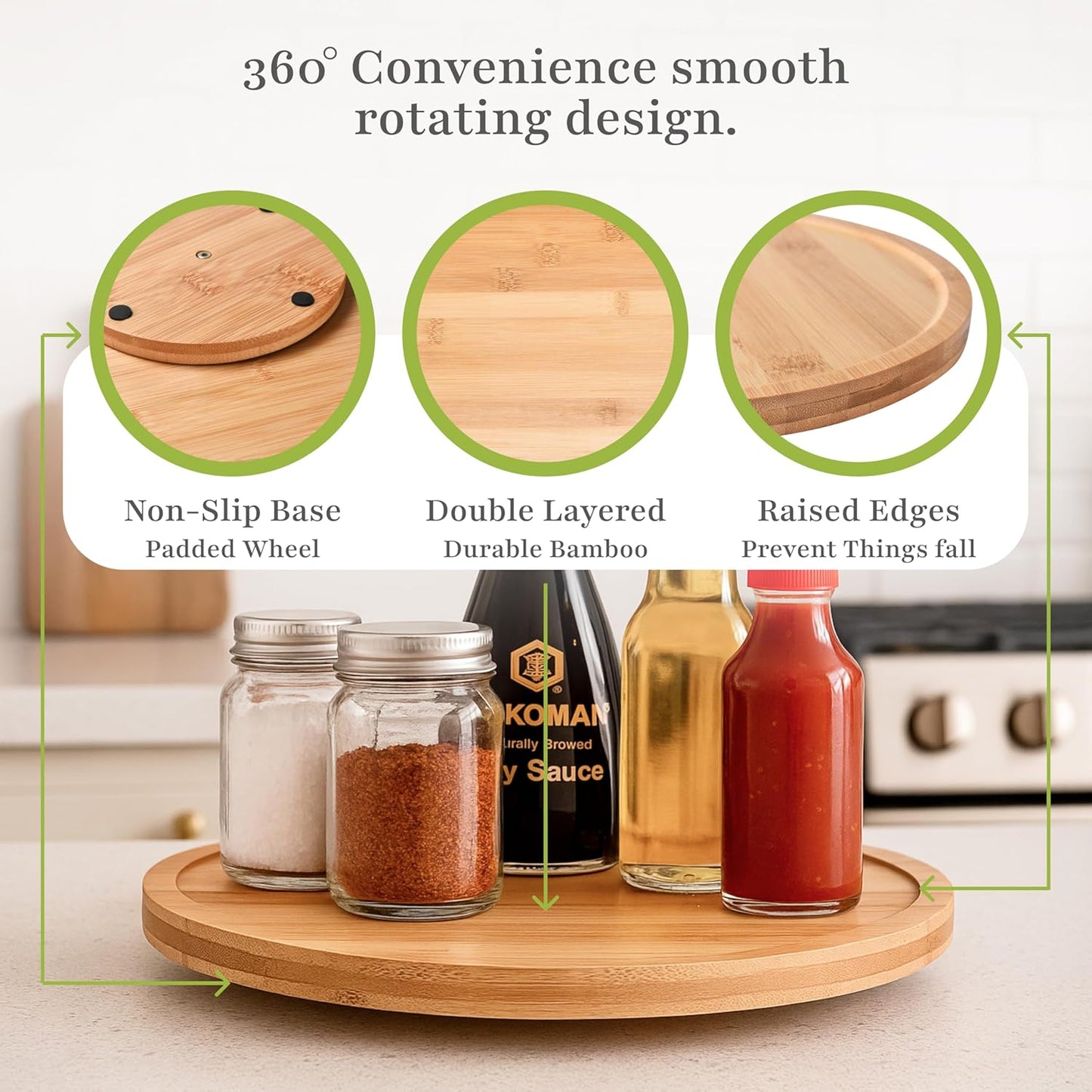 Bamboo Lazy Susan Spinning Organizer Turntable - 10x10-Inch Revolving Condiment and Spice Rack