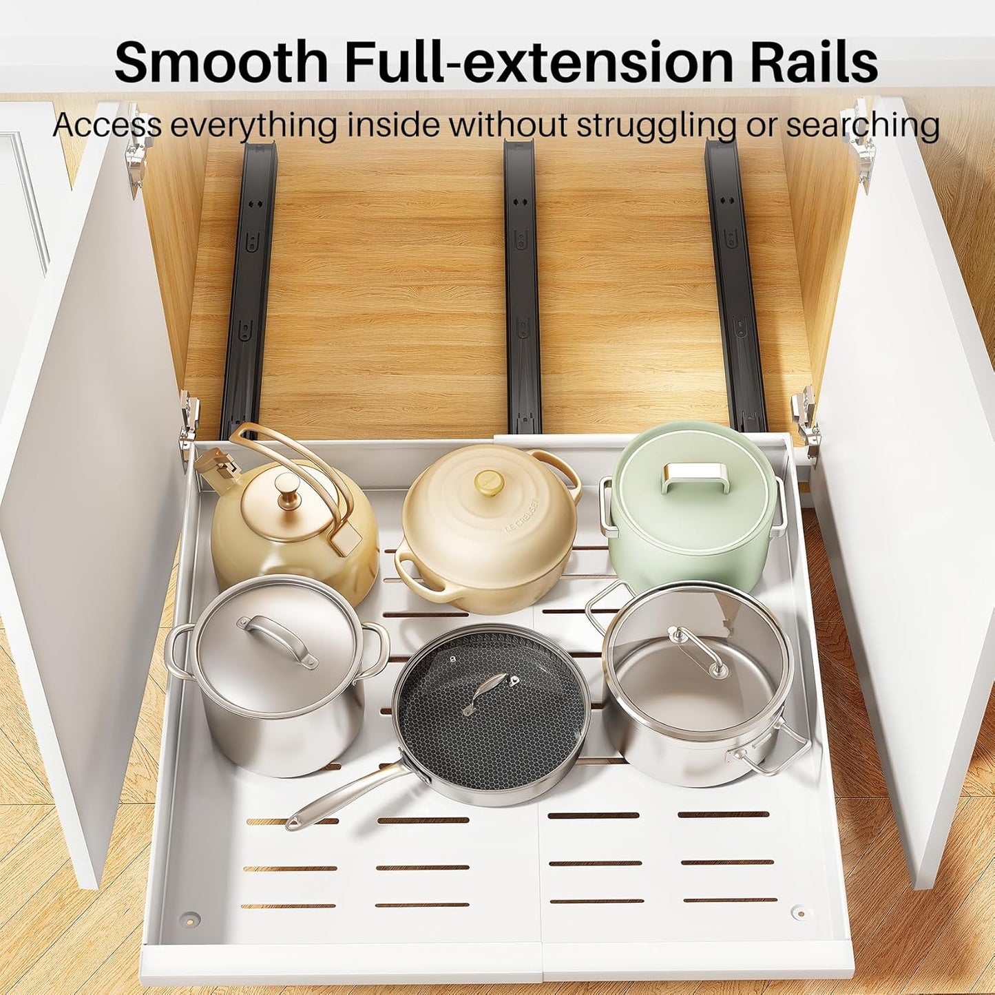 Pull out Cabinet Organizer, 2-Pack Expandable(13.6"-24") Silde out Drawers with Raising Pad for Framed Cabinets, Adjustable Full-Extension Adhesive Roll out Shelves for Kitchen Pantry Home Pot and Pan