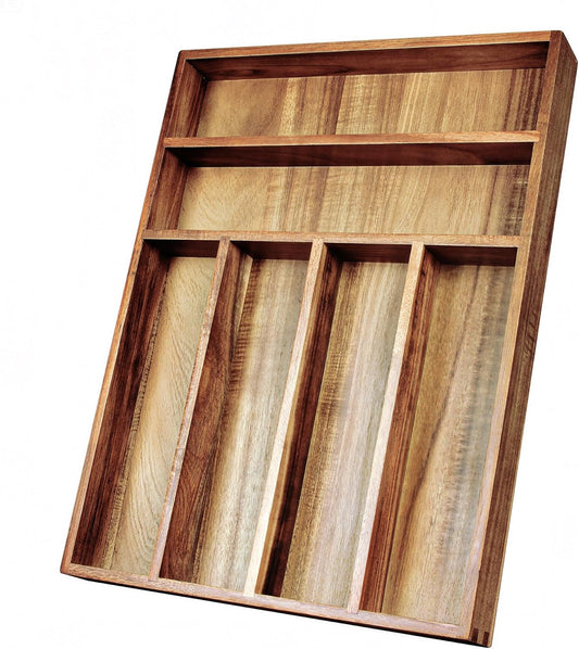 Acacia Wood Silverware Organizer, Kitchen Utensil Drawer Organizer for Forks, Knives & Spoons