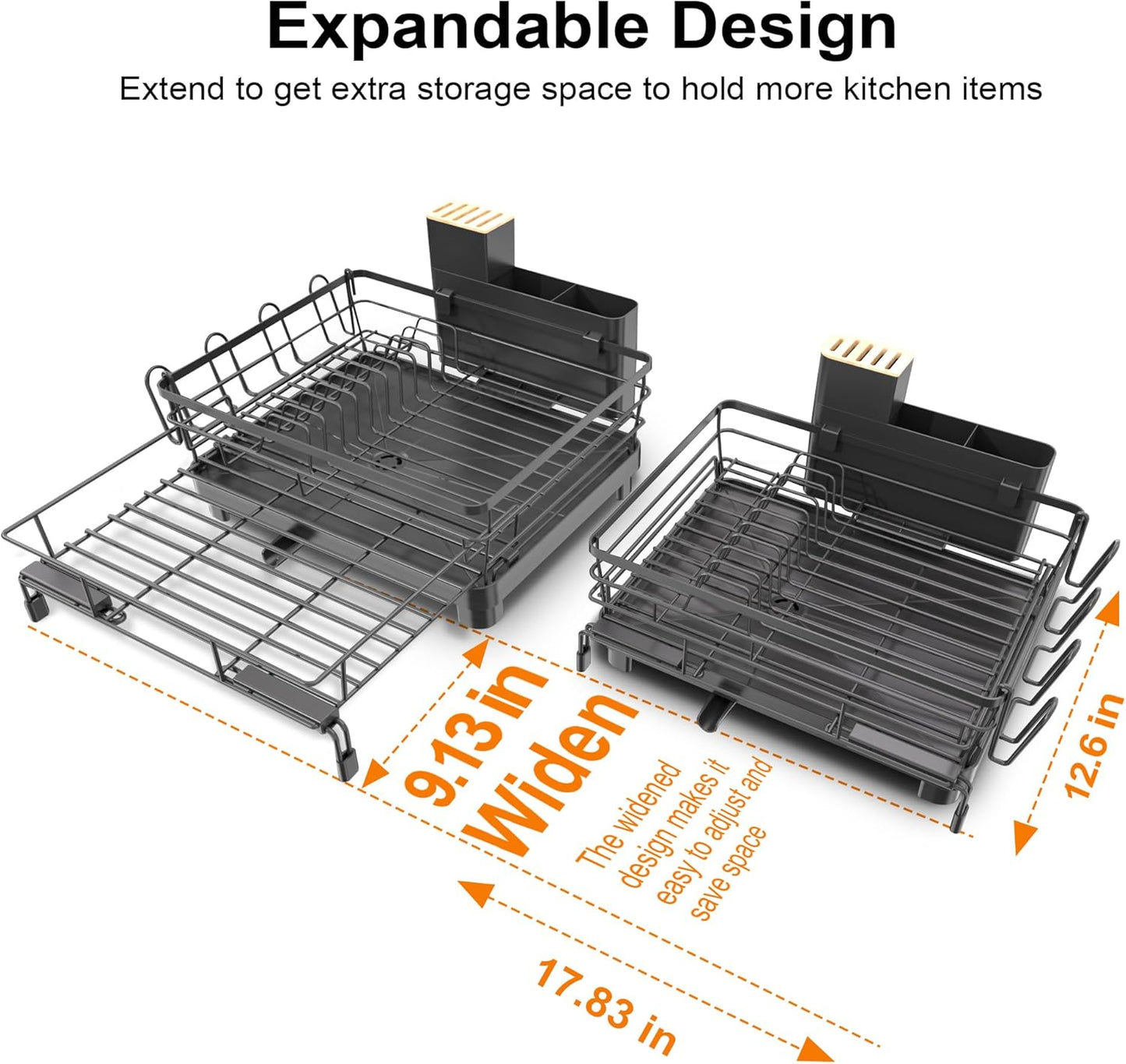 Dish Drying Rack - Expandable Dish Rack, Large Drying Dish Drainer Over Sink with Drainboard