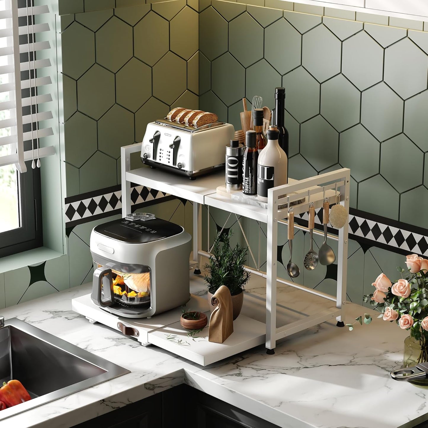 NETEL Expandable Microwave Stand,2 Tier Metal Kitchen Countertop Organizer Shelves with 8 Hooks,Bakers Rack,Pull-Out Microwave Shelf,Metal Storage Shelves,55lbs Weight Capacity,White