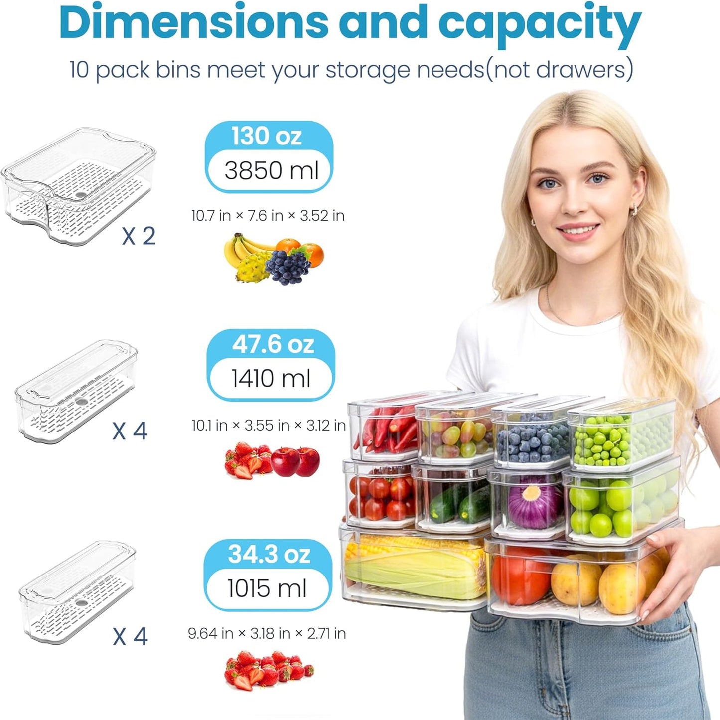 10 Pack Refrigerator Organizers, Clear Container and Organizer Bins with Lids