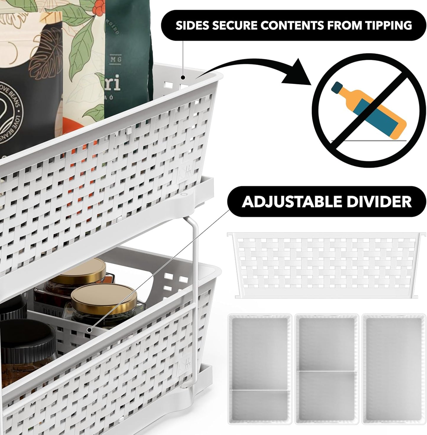 2 Tier Bathroom Organizer Tray Pull-Out Sliding Drawer, Under Sink Storage, White