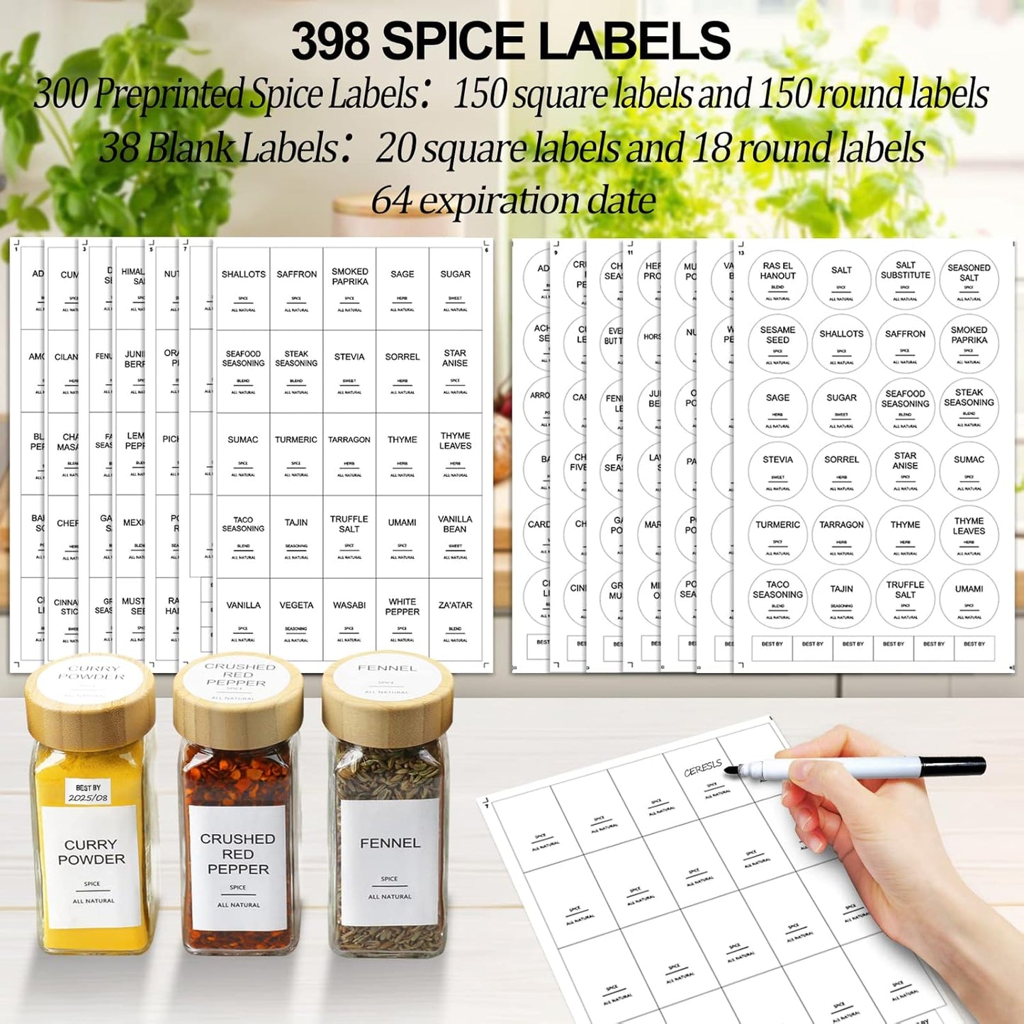 Glass Spice Jars with 398 Labels, 24 pcs 4oz Spice Containers with Bamboo Lids