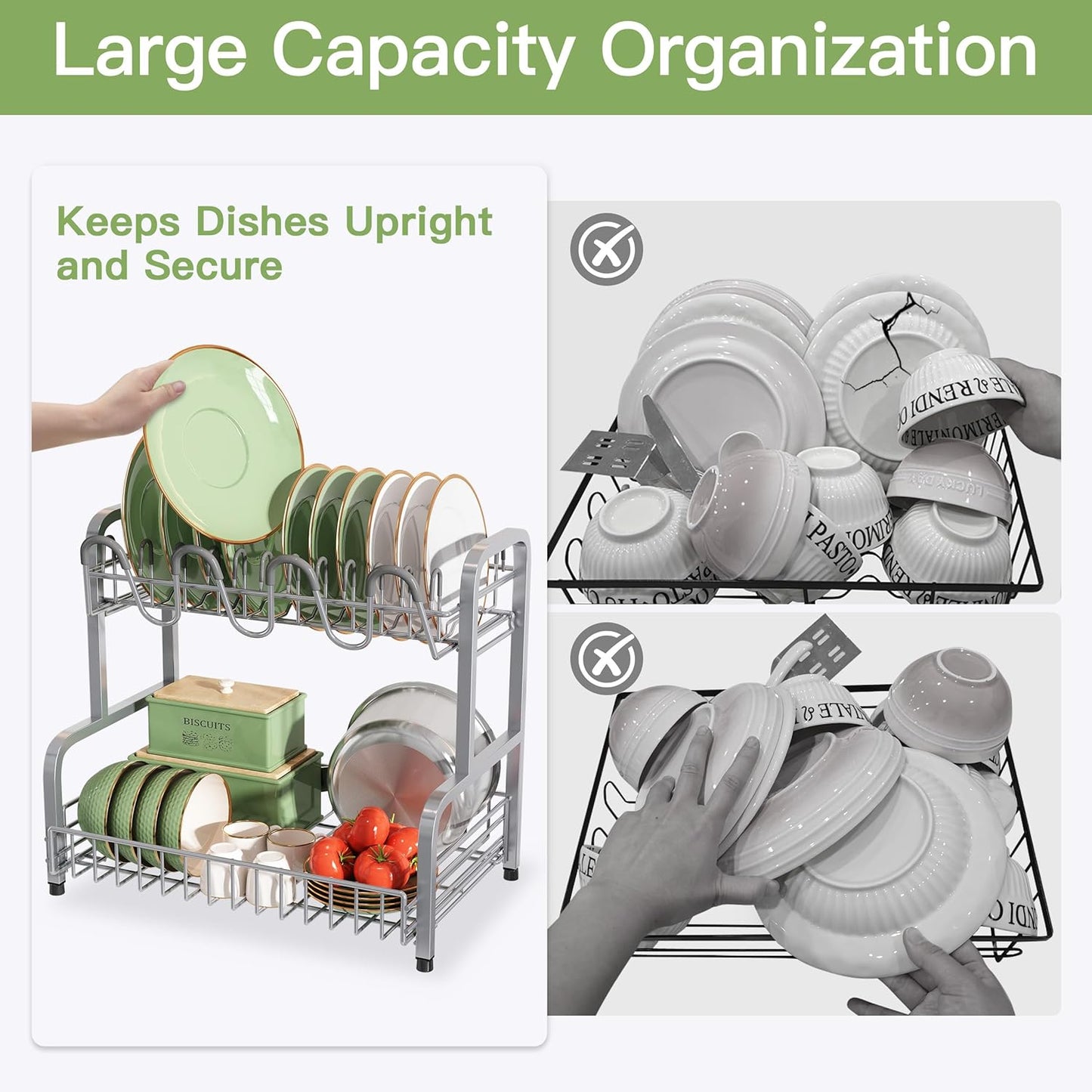 2 Tier Compact Stainless Steel Dish Drainers Drying Rack for Kitchen Counter, Space Saving