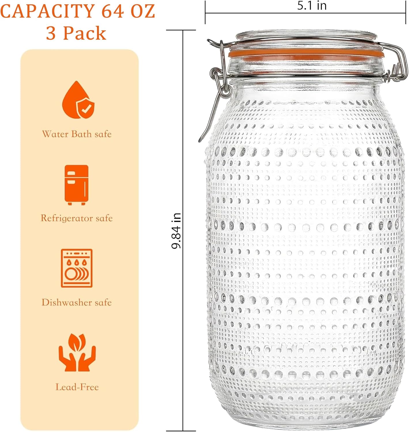 64 Oz Glass Mason Jars with Airtight Lids3 Pack