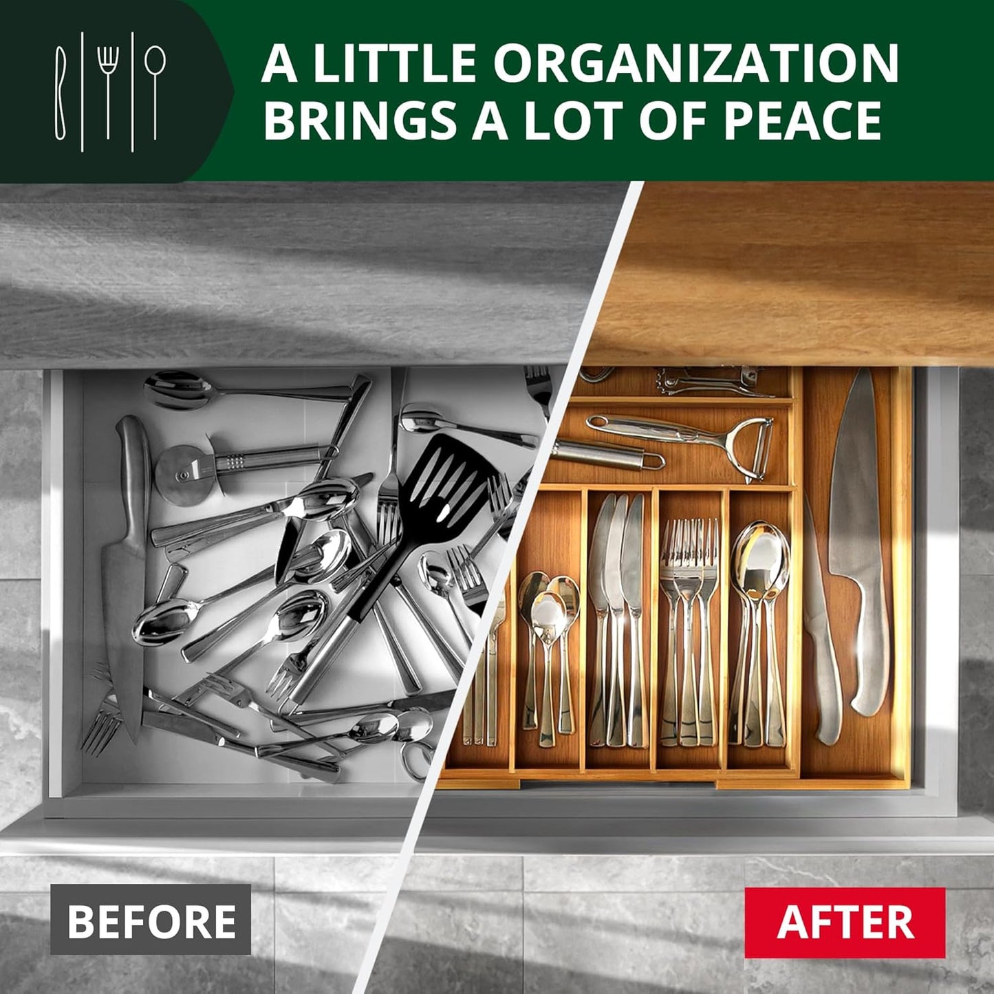 Luxury Bamboo Kitchen Drawer Organizer - Silverware Organizer
