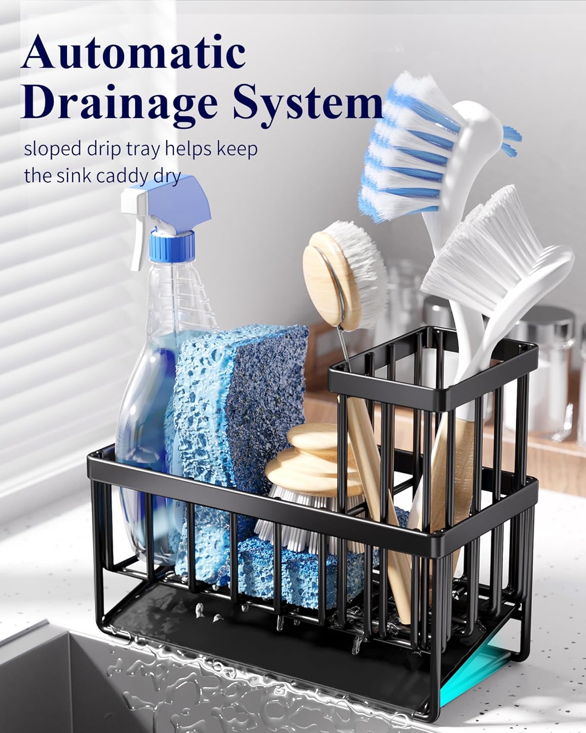 Sponge Holder for Kitchen Sink - Rustproof Stainless Steel Sink Caddy Organization and Storage Essentials with High Brush Holder, Home Decor Accessories, 7.9" x 3.7" x 6.2", Black