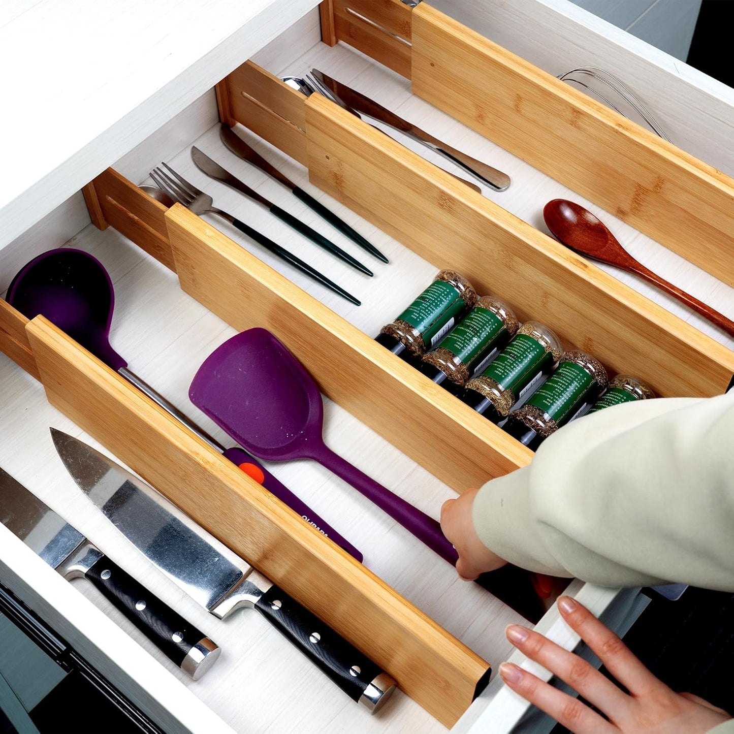 Bamboo Drawer Dividers Large, 4'' High Adjustable Kitchen Drawer Organizers for Clothing