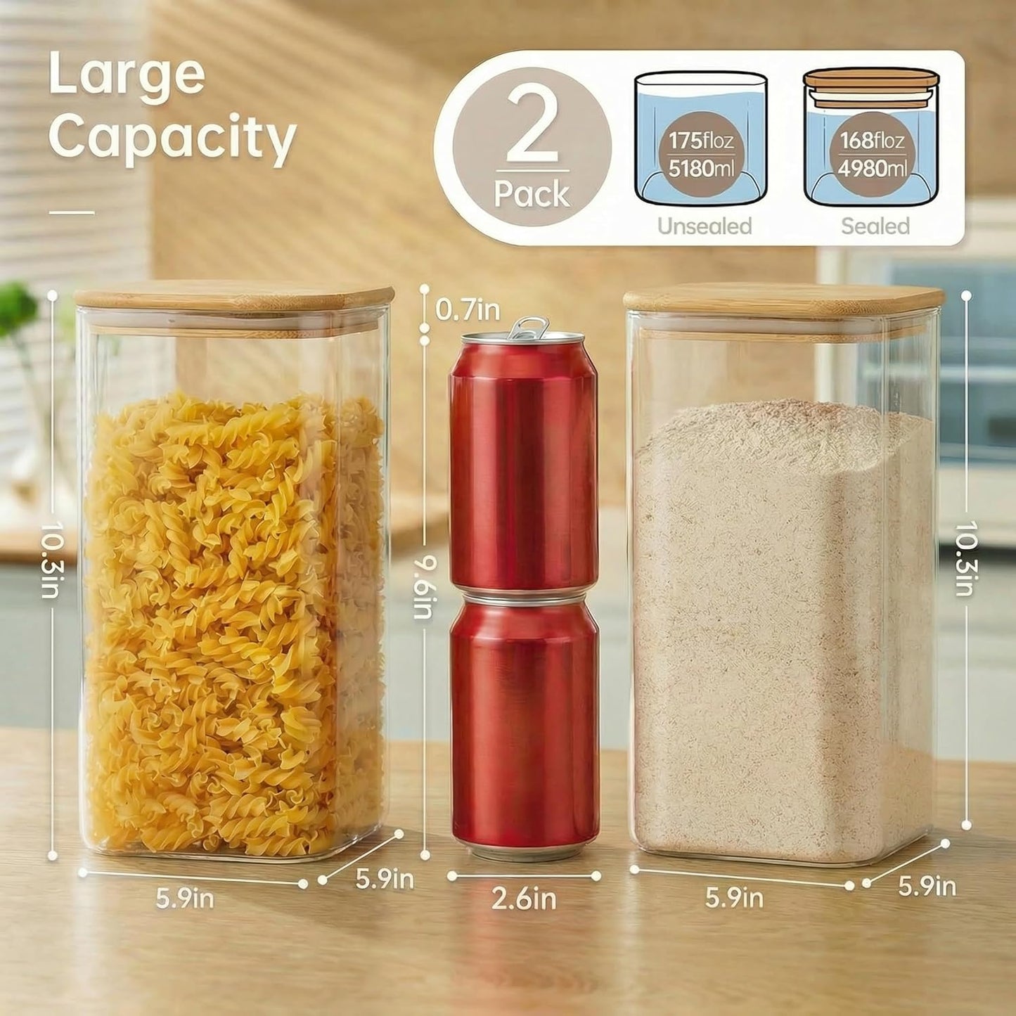 Extra Large Square Glass Flour & Sugar Storage Containers with Airtight Lids