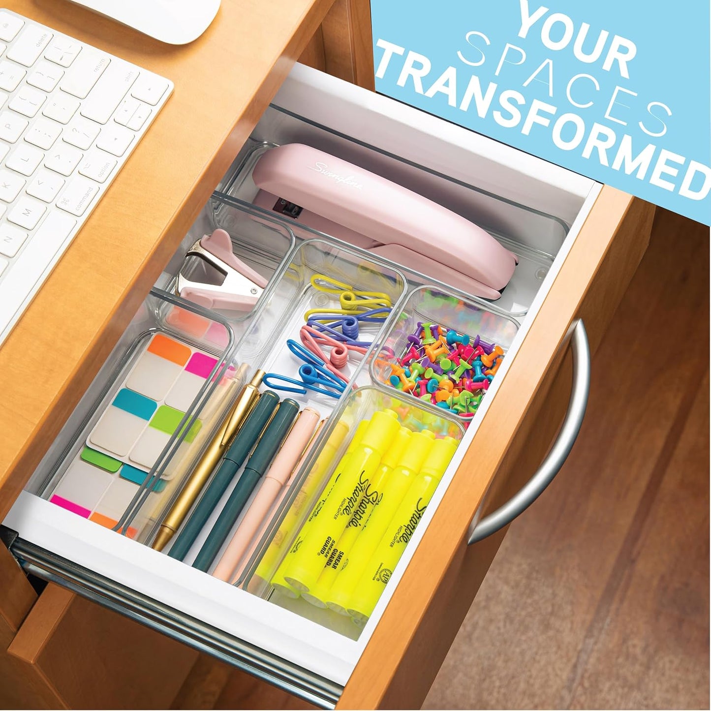Six Pieces - Clear Plastic Drawer Organizer Bins - Stackable, Non-Slip, 3 Sizes