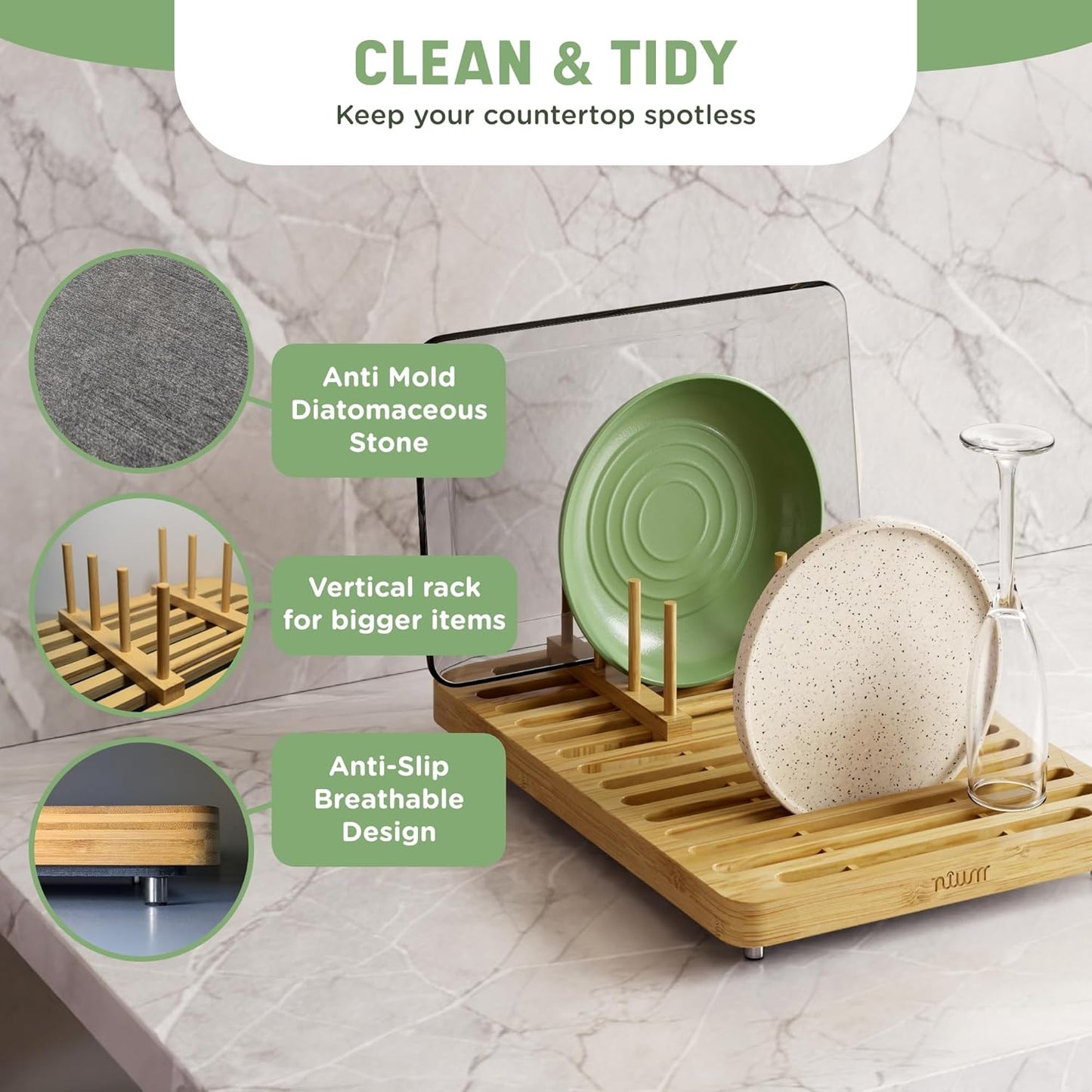 Stone Drying Mat for Kitchen Counter & Bamboo Rack - 16″x12″