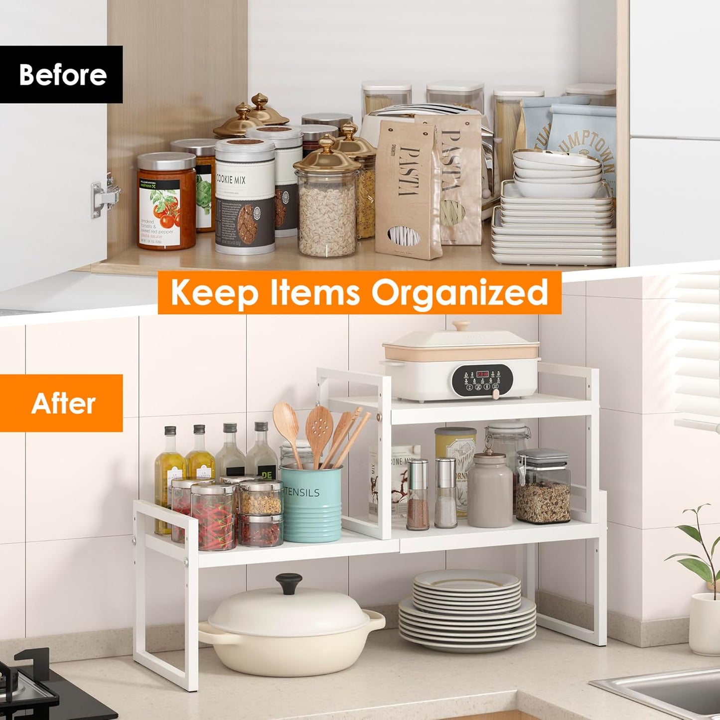 Expandable Kitchen Countertop Organizer, Stackable Cabinet Shelf Organizers