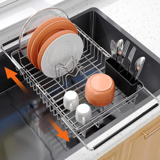 Expandable Over The Sink Dish Drainer Drying Rack In Stainless Steel Metal For Small Kitchen
