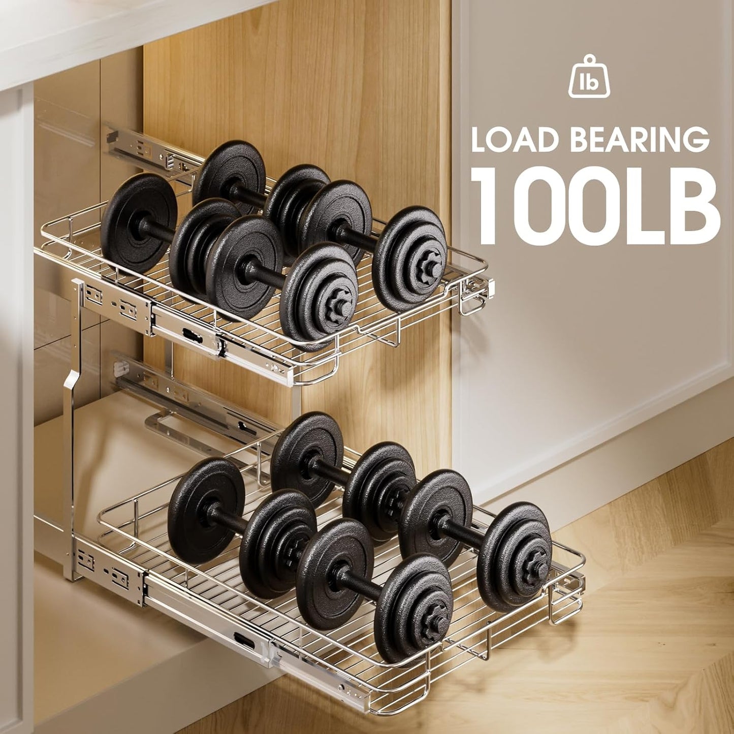 14" W X 21" D Pull Out Cabinet Organizer, 2 Tier Heavy Duty Cabinet Shelf Organizers