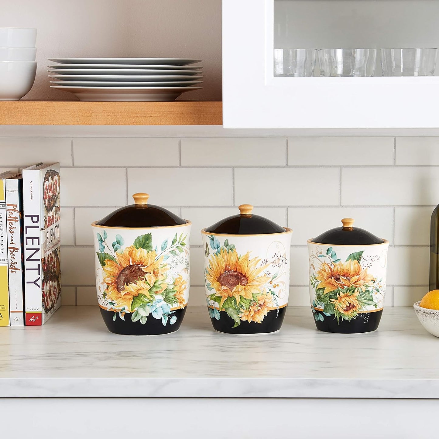 Sunflower Fields 3-Piece Ceramic Canister Set with Airtight Lids – Decorative Floral Storage Jars for Kitchen Counter, Pantry, Coffee, Sugar, Flour, and More – 52 oz, 74 oz, 96 oz
