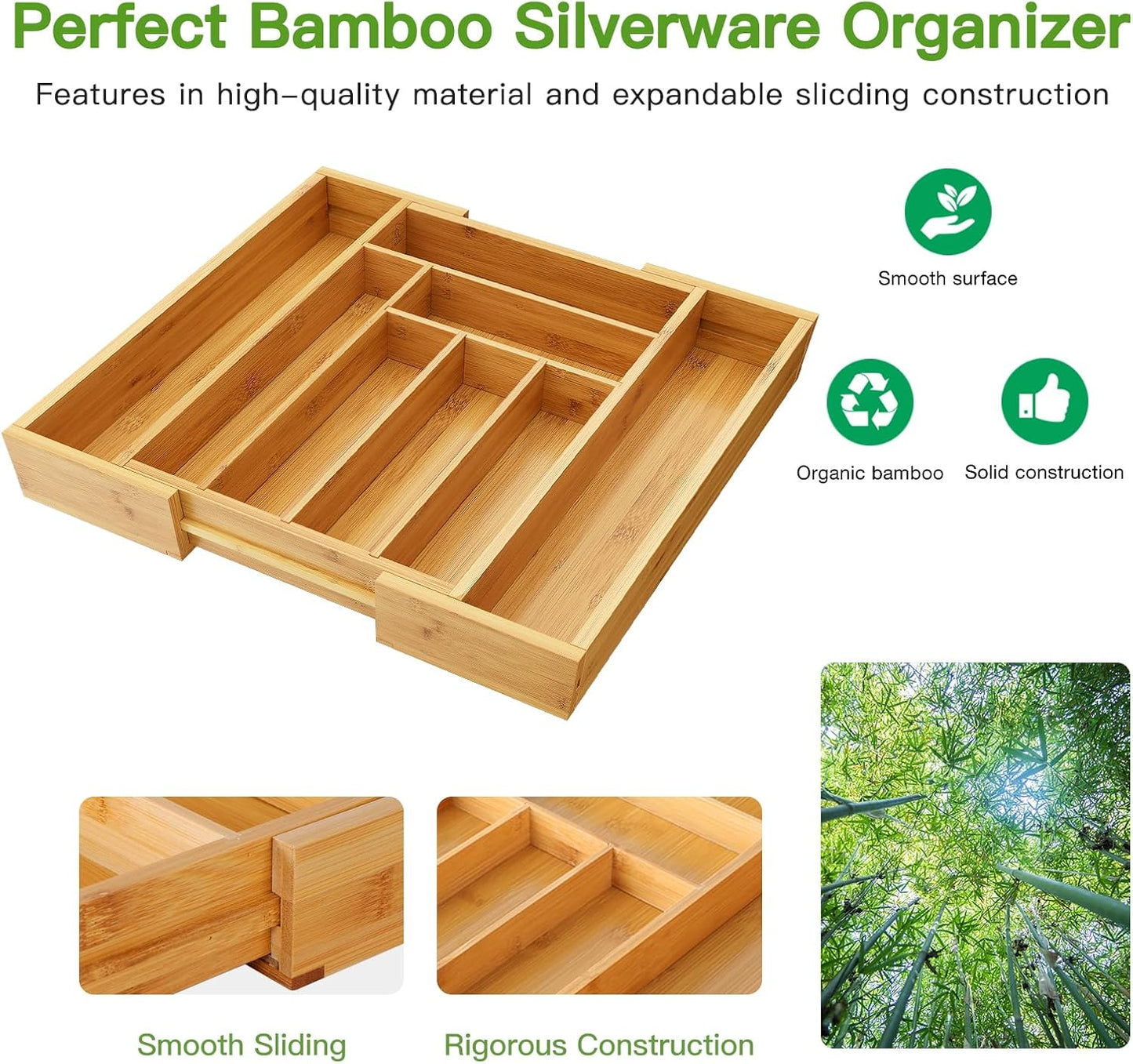 Bamboo Expandable Drawer Organizer for Utensils Holder, Adjustable Cutlery Tray