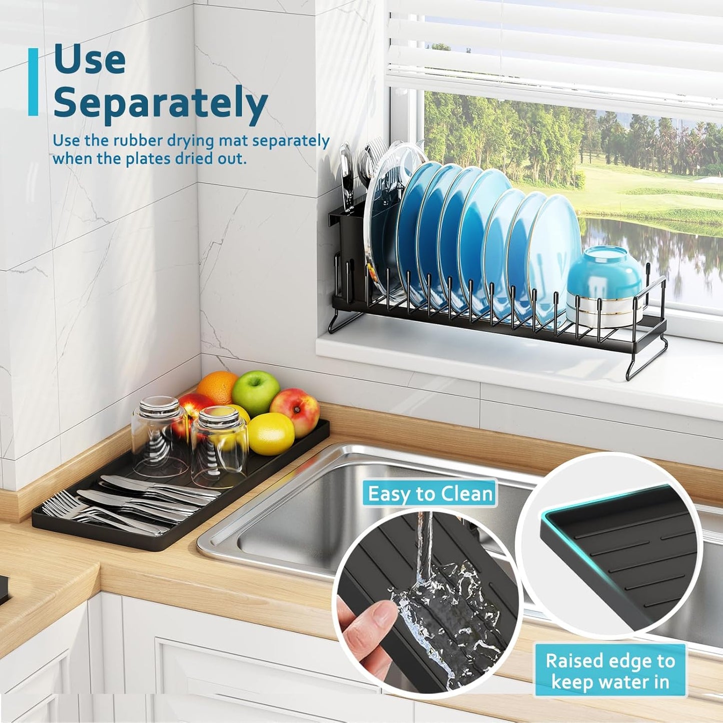Small Dish Drying Rack - Compact Dish Rack for Kitchen Counter with Silicone Dish Drying Mat