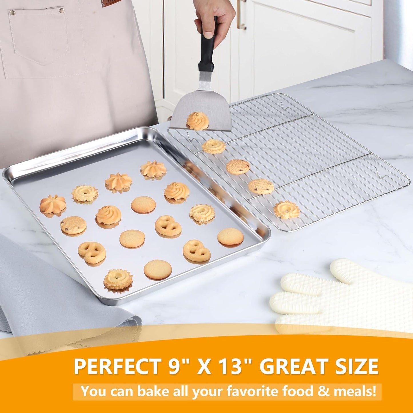 Quarter Sheet with Rack (1 Pan + 1 Rack), 9x13 Stainless Steel Baking Pan with Wire Cooling Rack for Toaster Oven Roasting, Metal Bacon Cookie Trays Nonstick & Rust Free, Dishwasher Safe