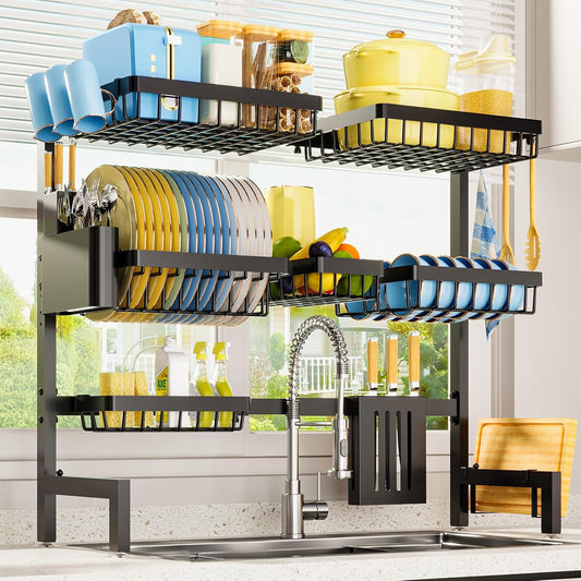 Dish Drying Rack - Over The Sink Dish Drainer Drying Rack with Utensil & Knife Holder, Hooks